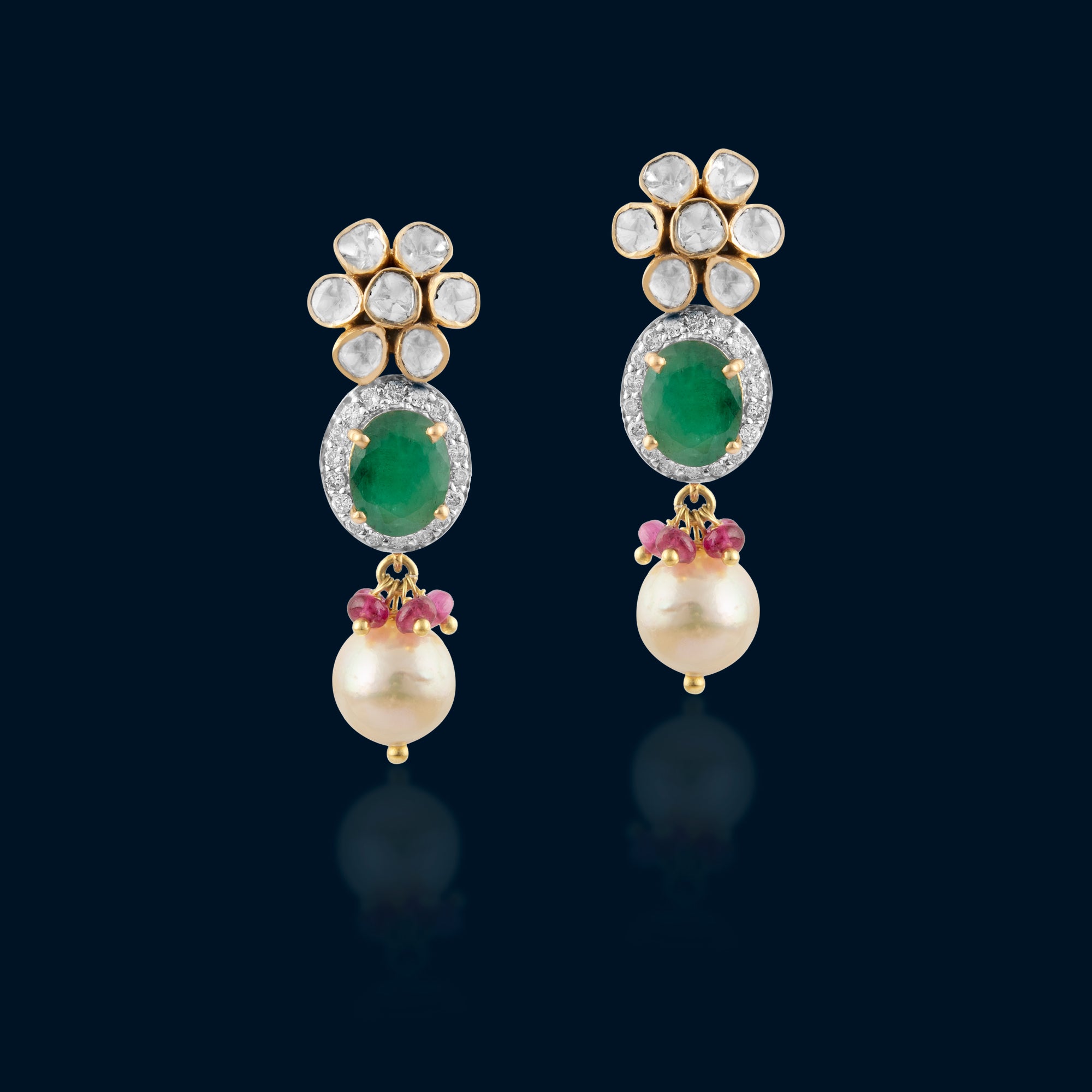 Polki diamond earrings in 14kt gold with precious Emerald & pearls
