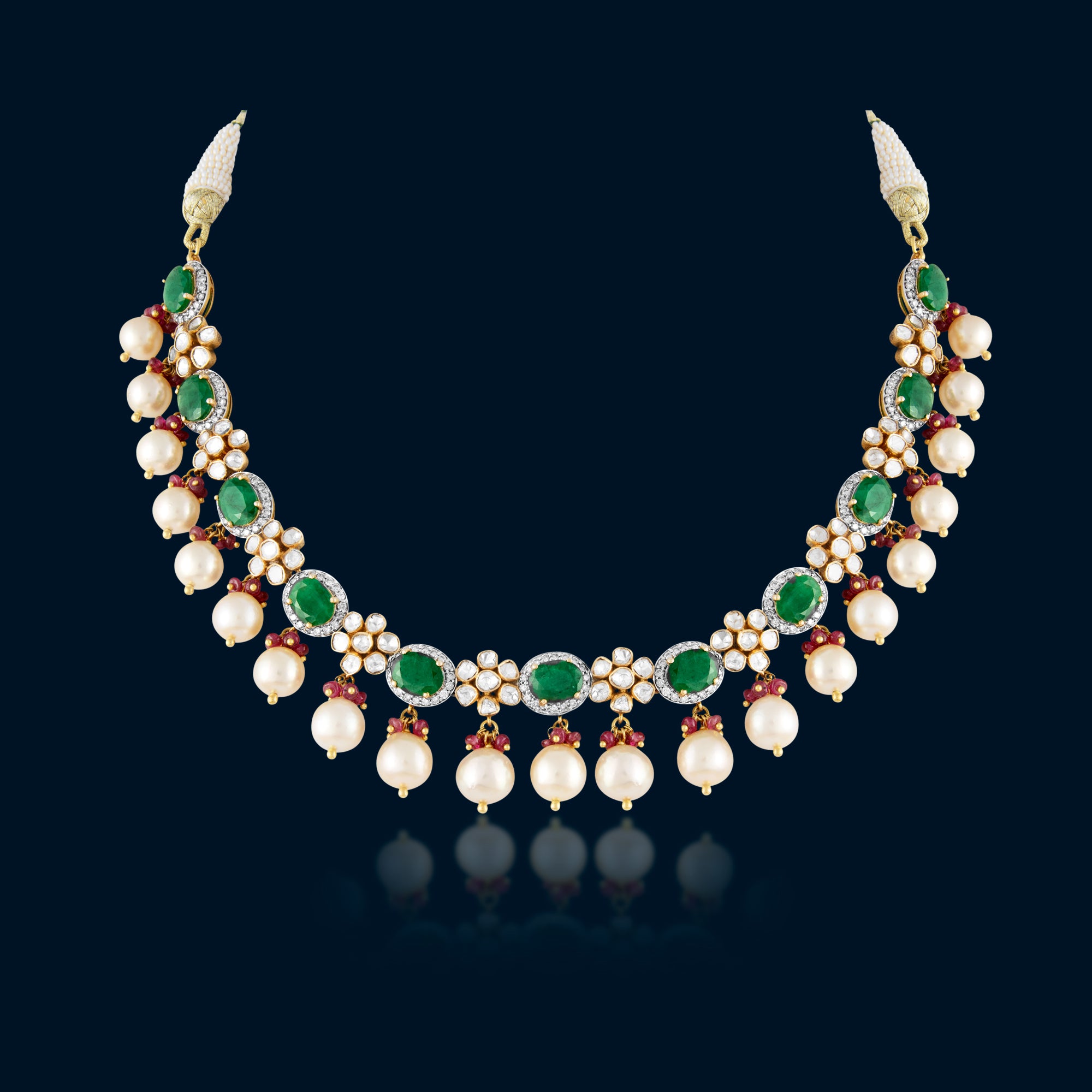 Polki diamond necklace set in 14kt gold with precious Emerald & pearls