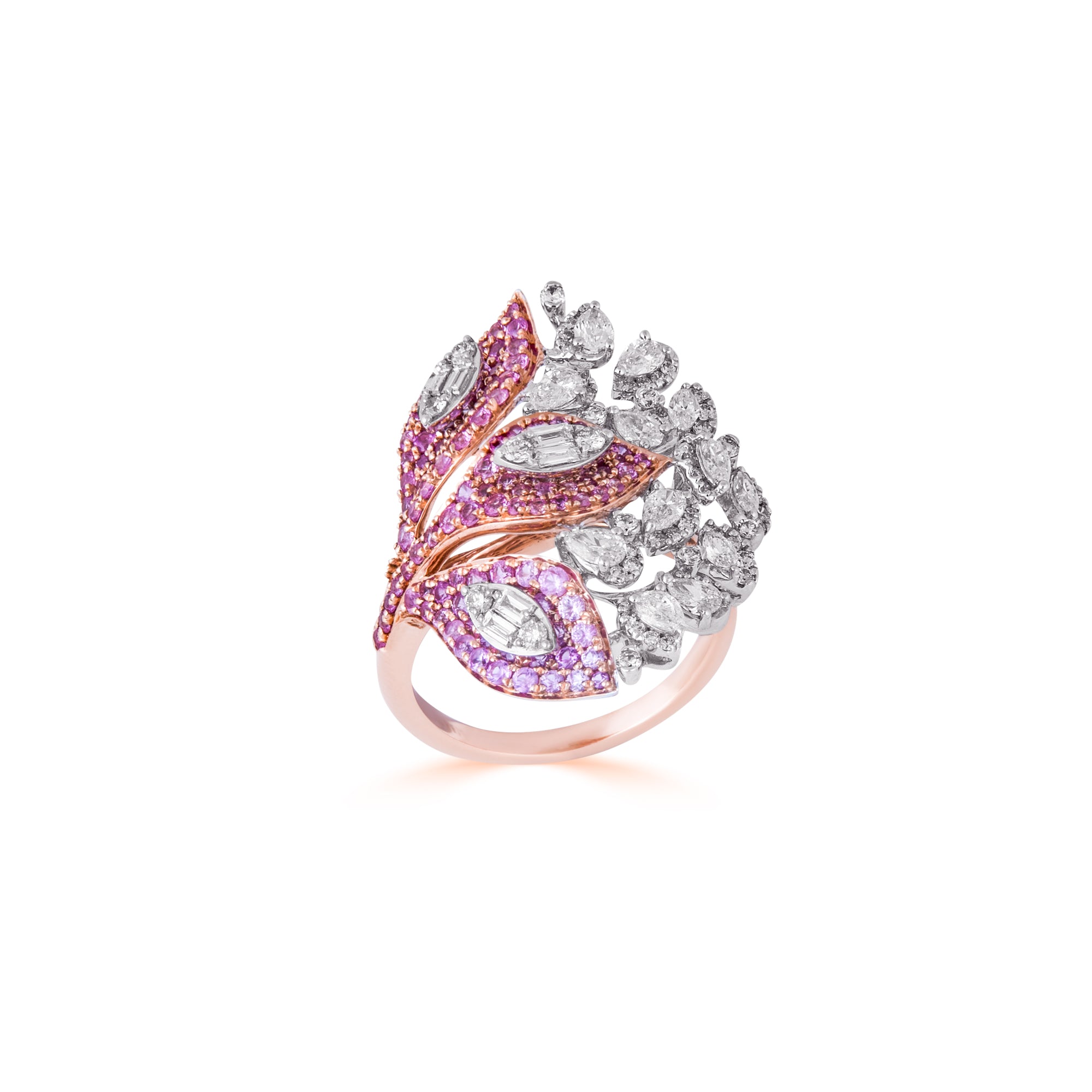 Ring In 18Kt Rose Gold With Round Brilliant,Baguette,Marquise & Pear Cut Diamonds Studded With Precious Saphire