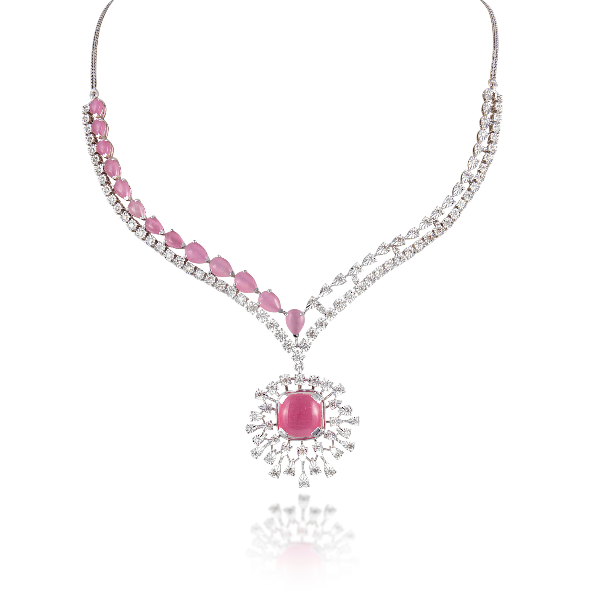 14 kt White Gold Diamond Necklace Set with Round Brilliant Diamonds & Semi Precious Pink Gemstones