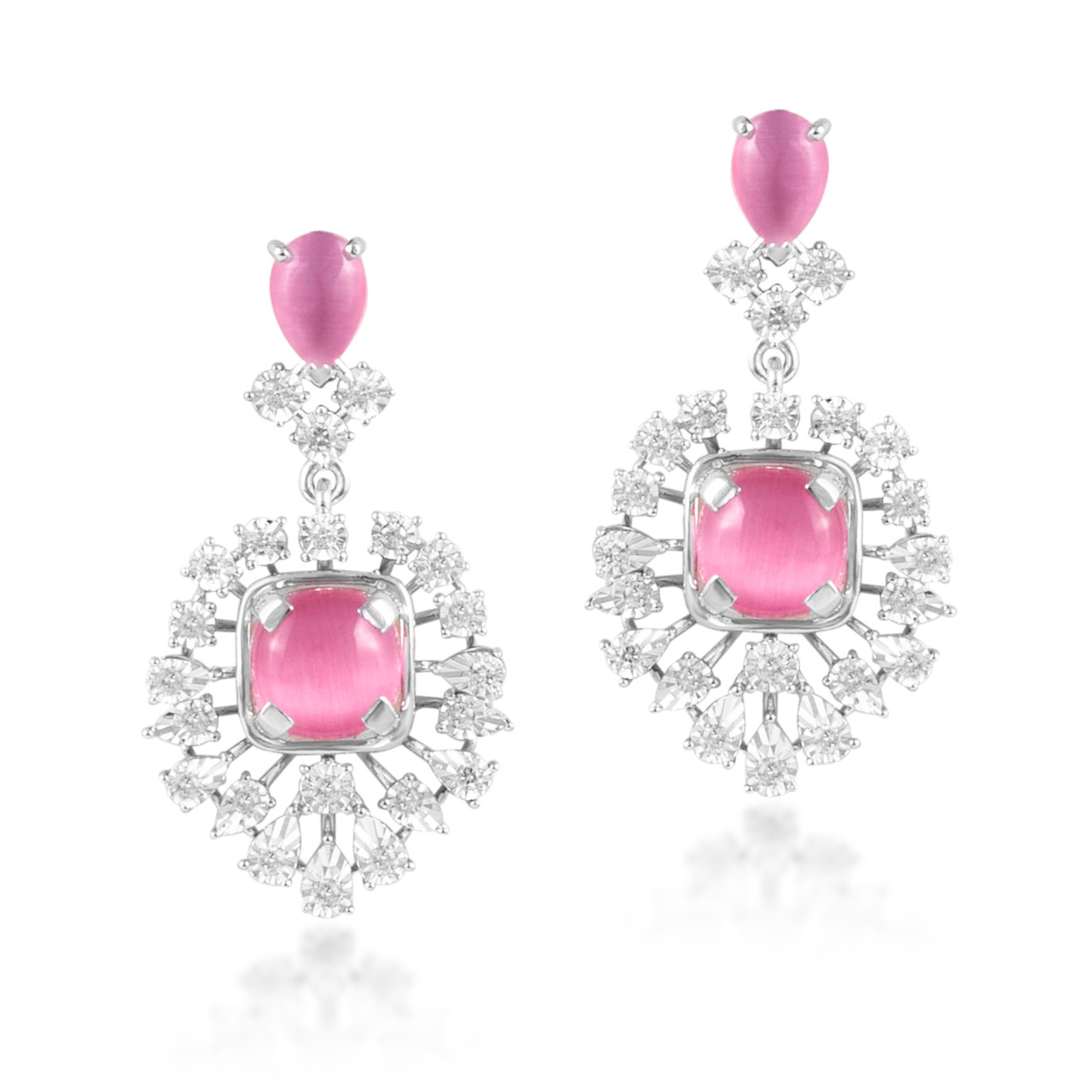 14 kt White Gold Diamond Earring with Round Brilliant Diamonds & Semi Precious Pink Gemstones