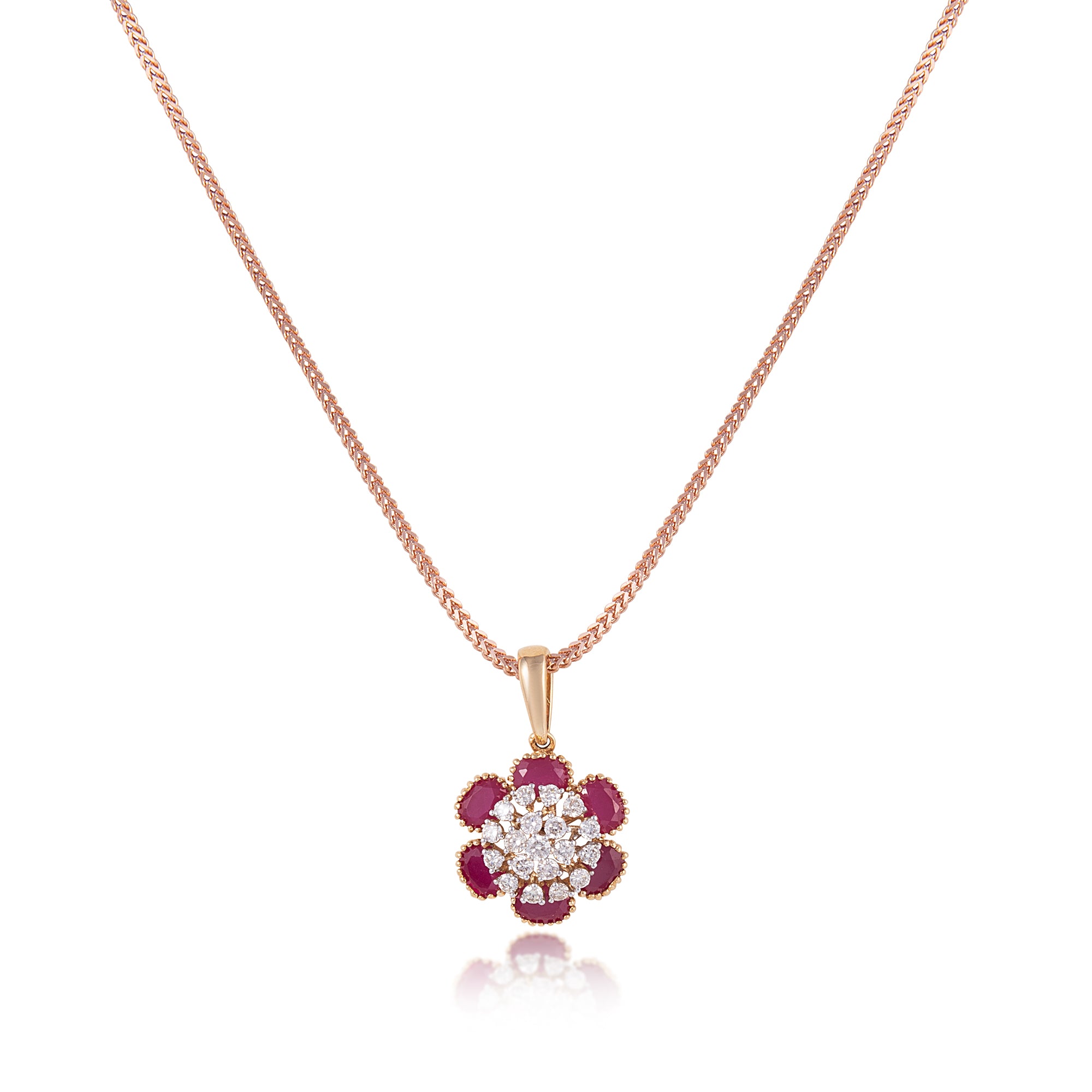 Pendant in 18kt yellow gold with Round Brilliant cut diamonds & Semi Precious Red Stone.