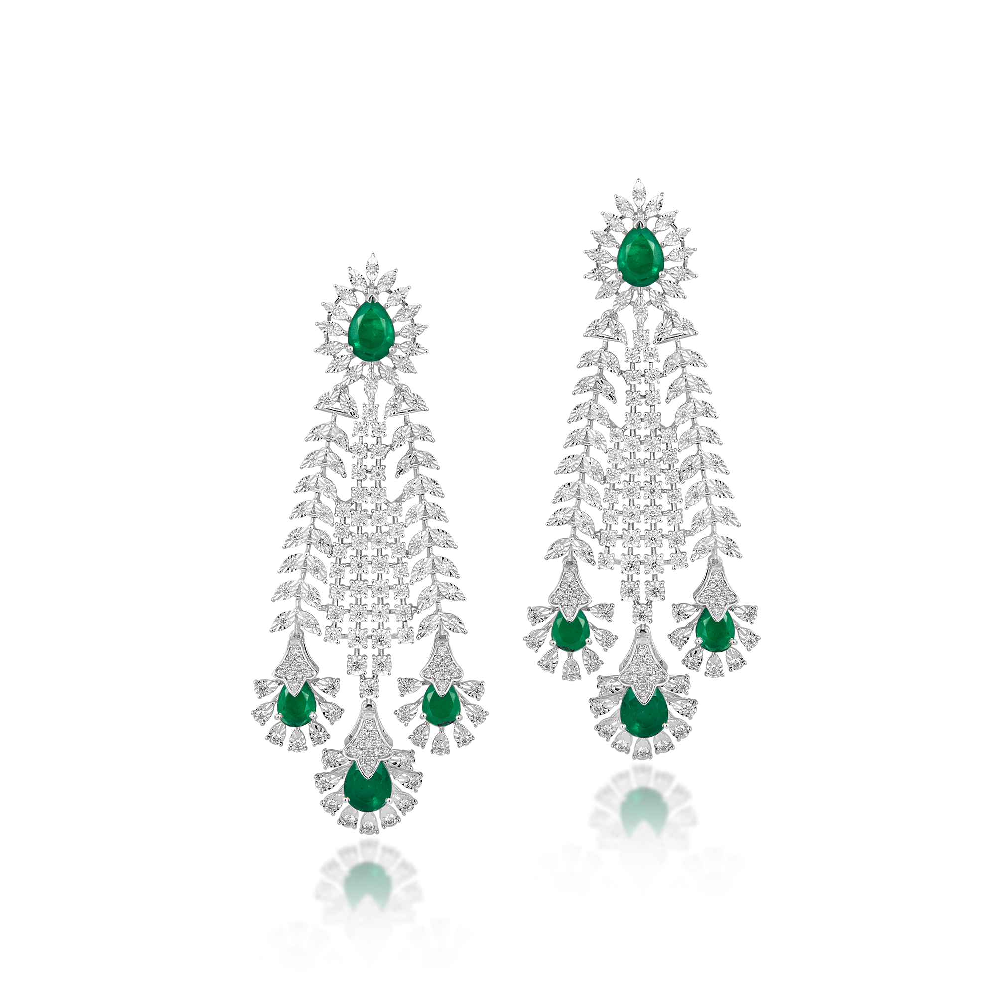 Earrings in 14kt white gold with Round Brilliant cut diamonds & semi-precious green gemstones