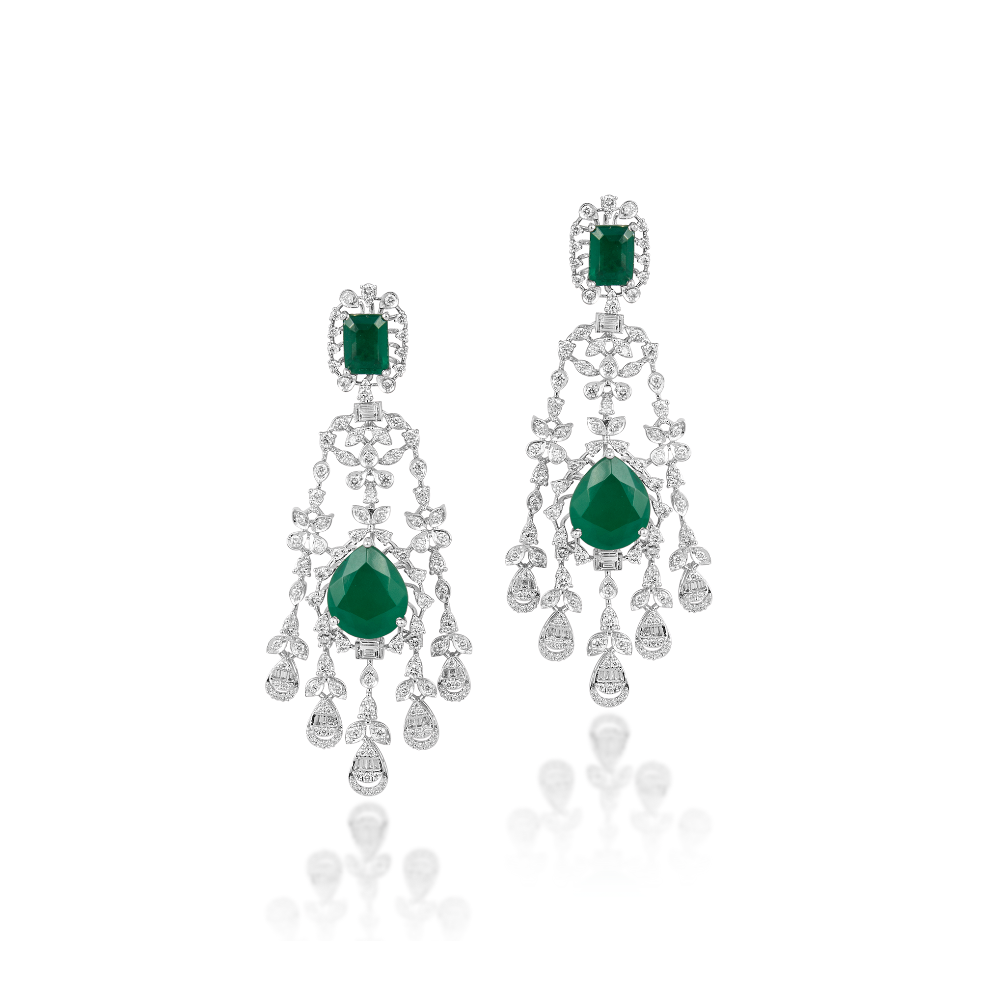 14 kt White Gold Diamond Necklace Set with Round Brilliant, Baguettes With Semi Precious Changeable Stones Red, Green & Blue