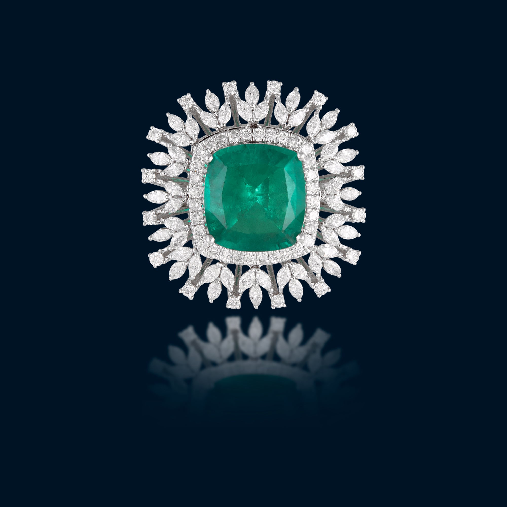 Ring In 18Kt White Gold With Round Brilliant & Marquise Cut Diamonds Studded With Semi-Precious Green Gemstone