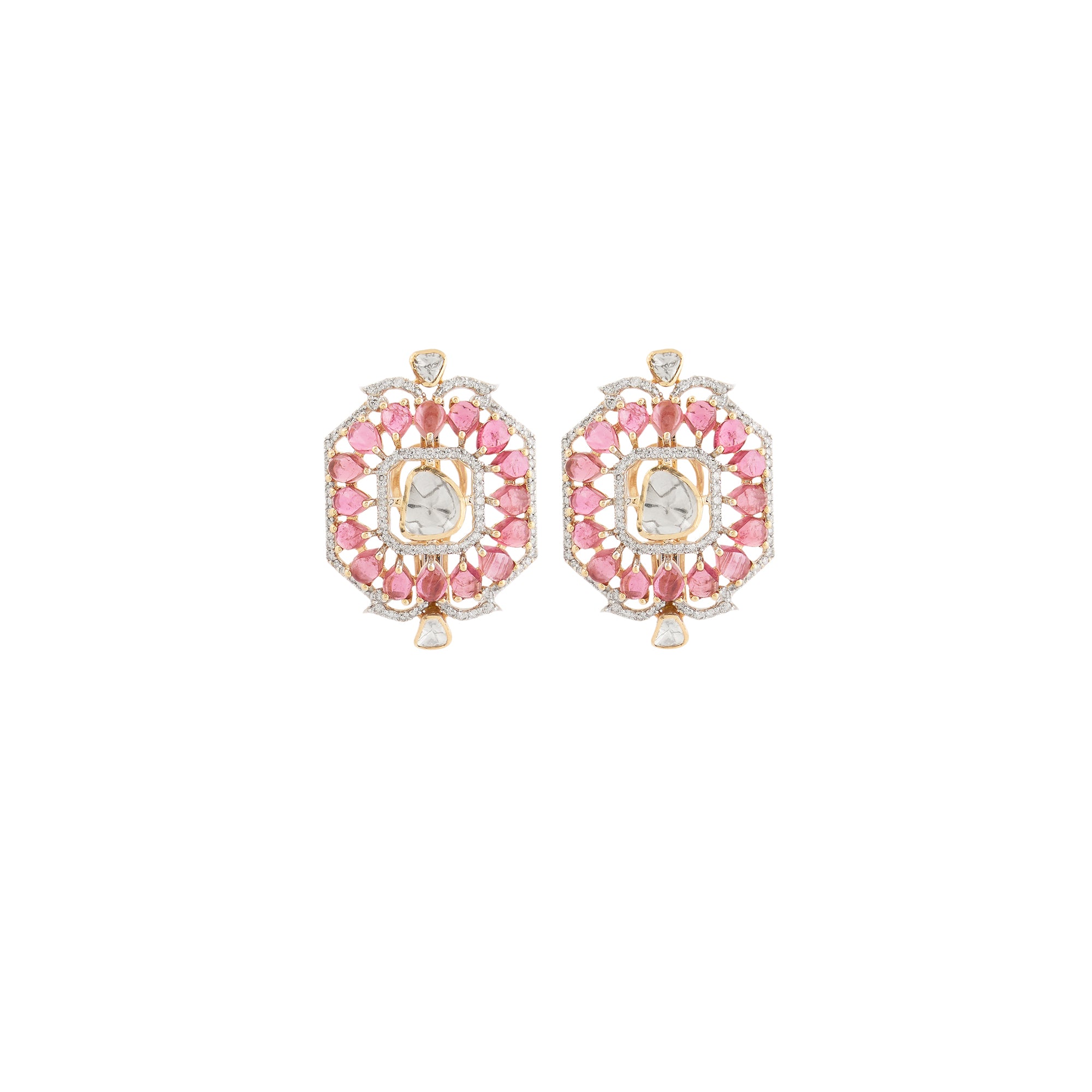 Polki diamond set with earrings in 14kt yellow gold with brilliant round diamonds and tourmaline stone.