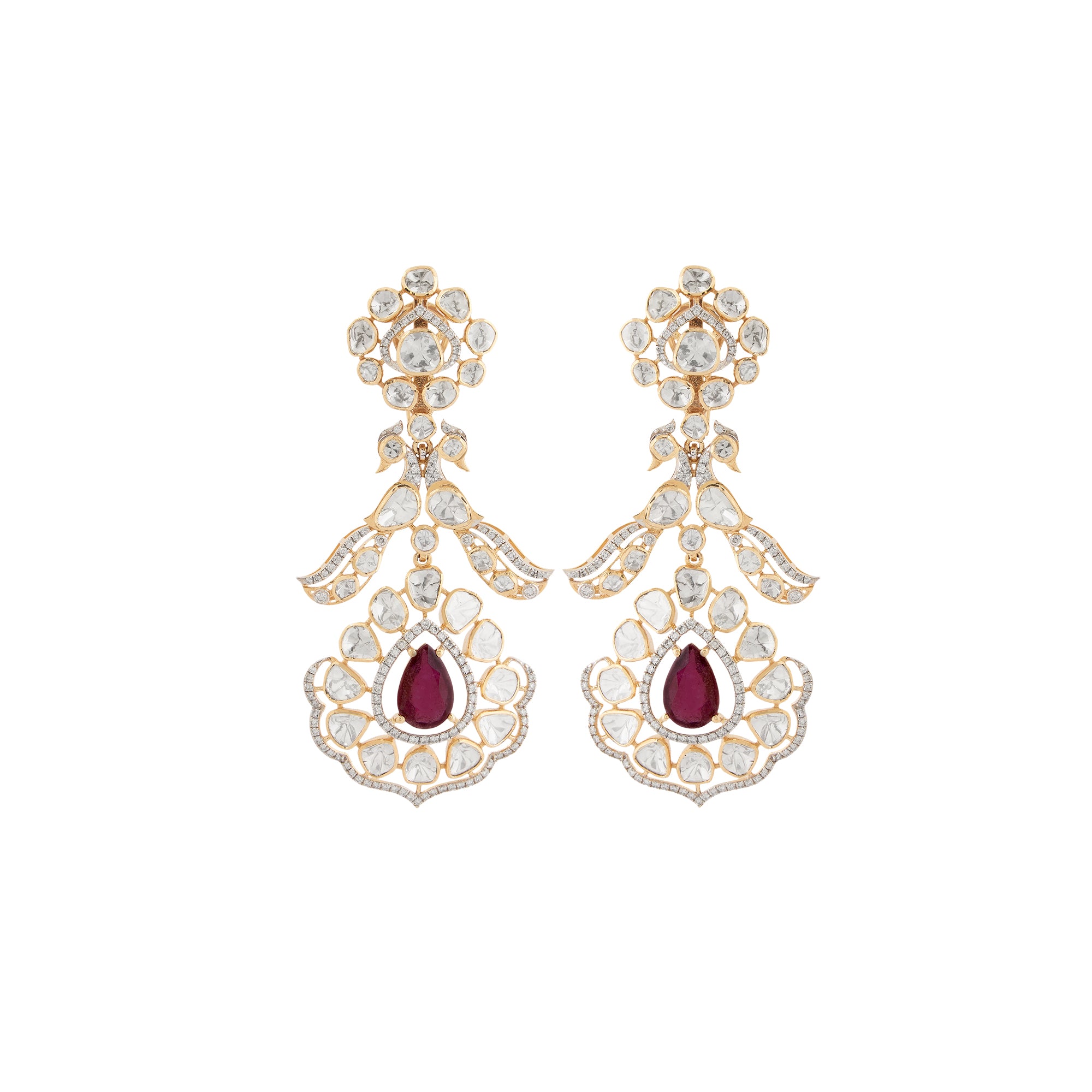 Polki diamond necklace set in 14kt yellow gold with brilliant round diamonds with tourmaline and pearls.