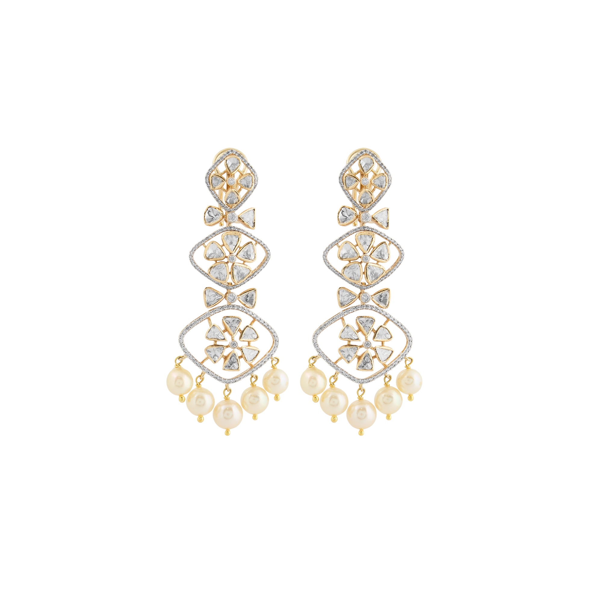 Polki diamond necklace set in 14kt yellow gold with brilliant round diamonds and pearls.