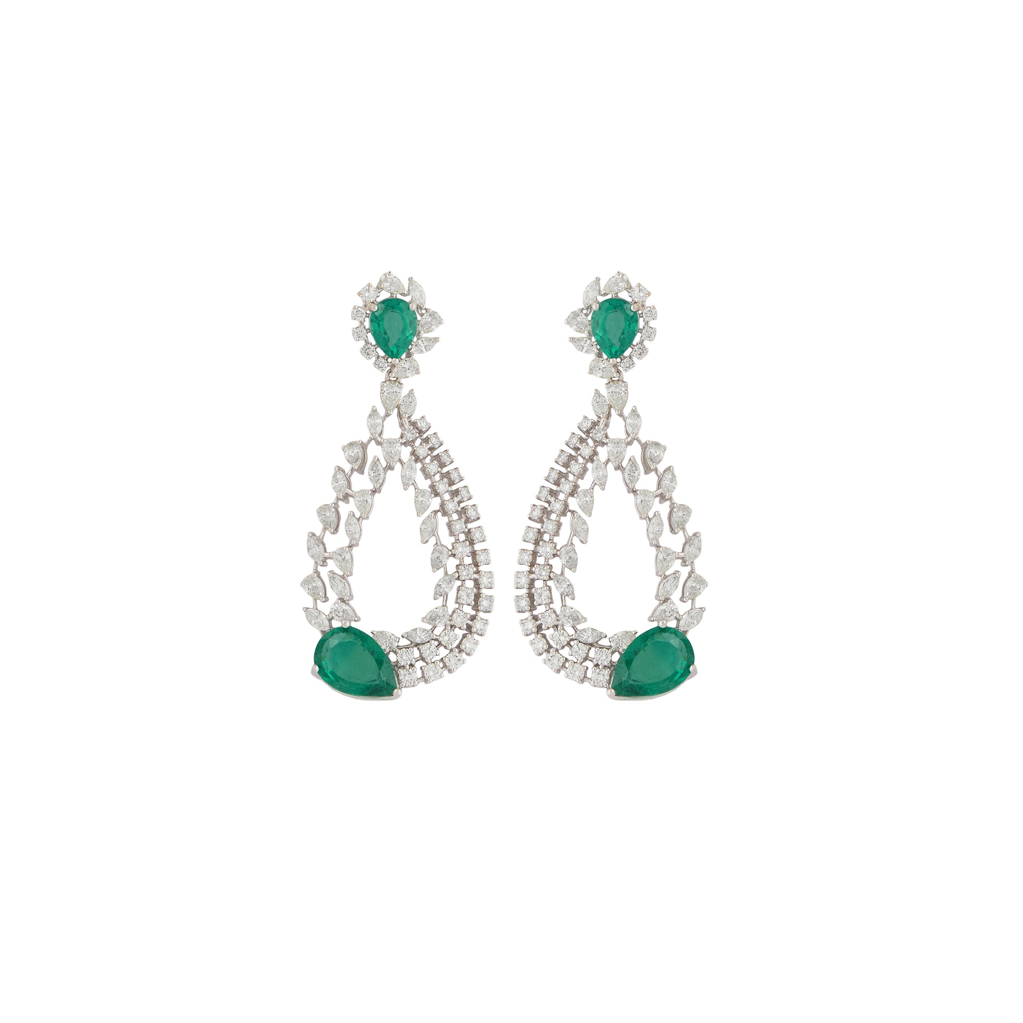 Necklace set in 14kt white gold with brilliant round, marquise and pear shaped diamonds and semi precious emerald.