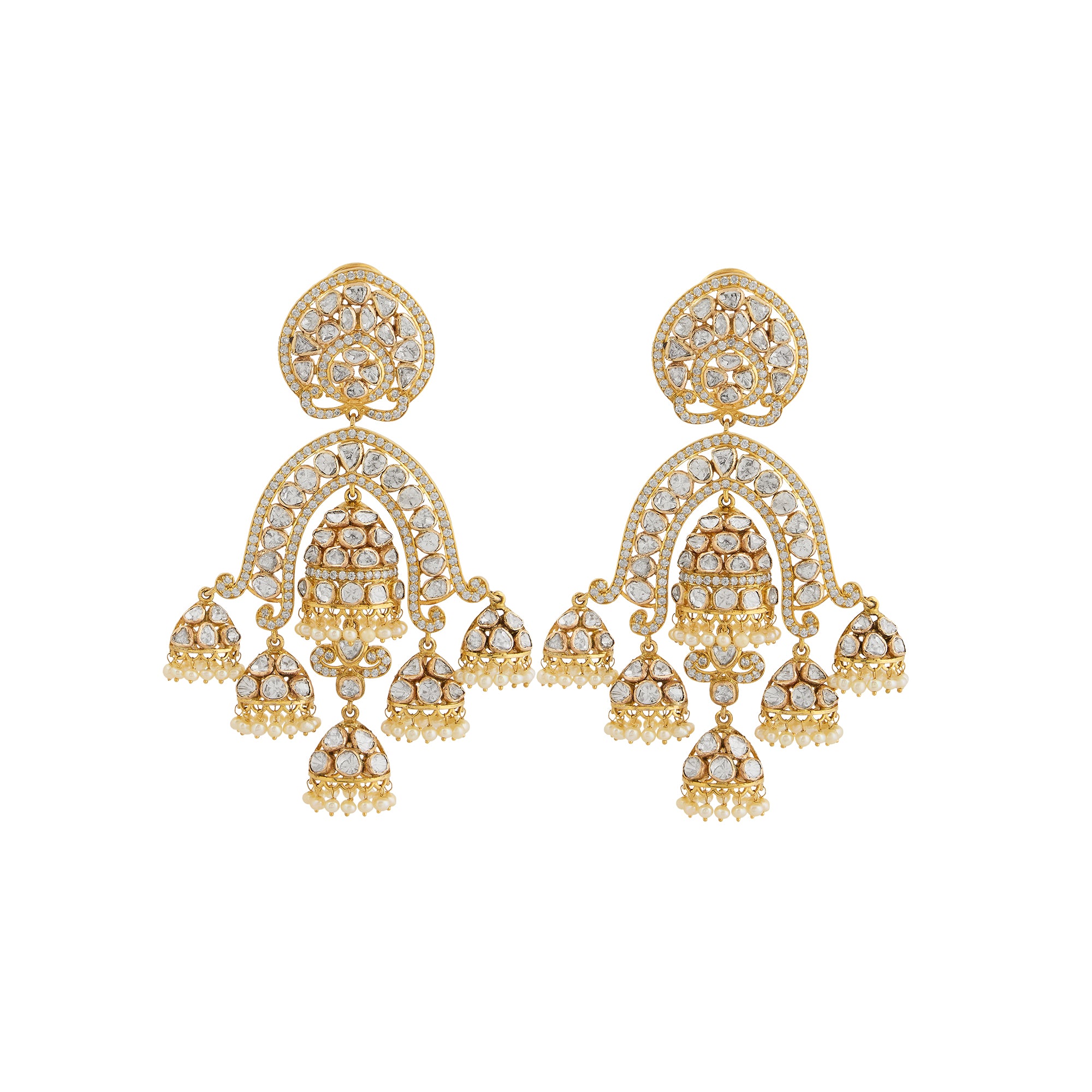 Polki diamond earrings in 14kt yellow gold with brilliant round diamonds and pearls.