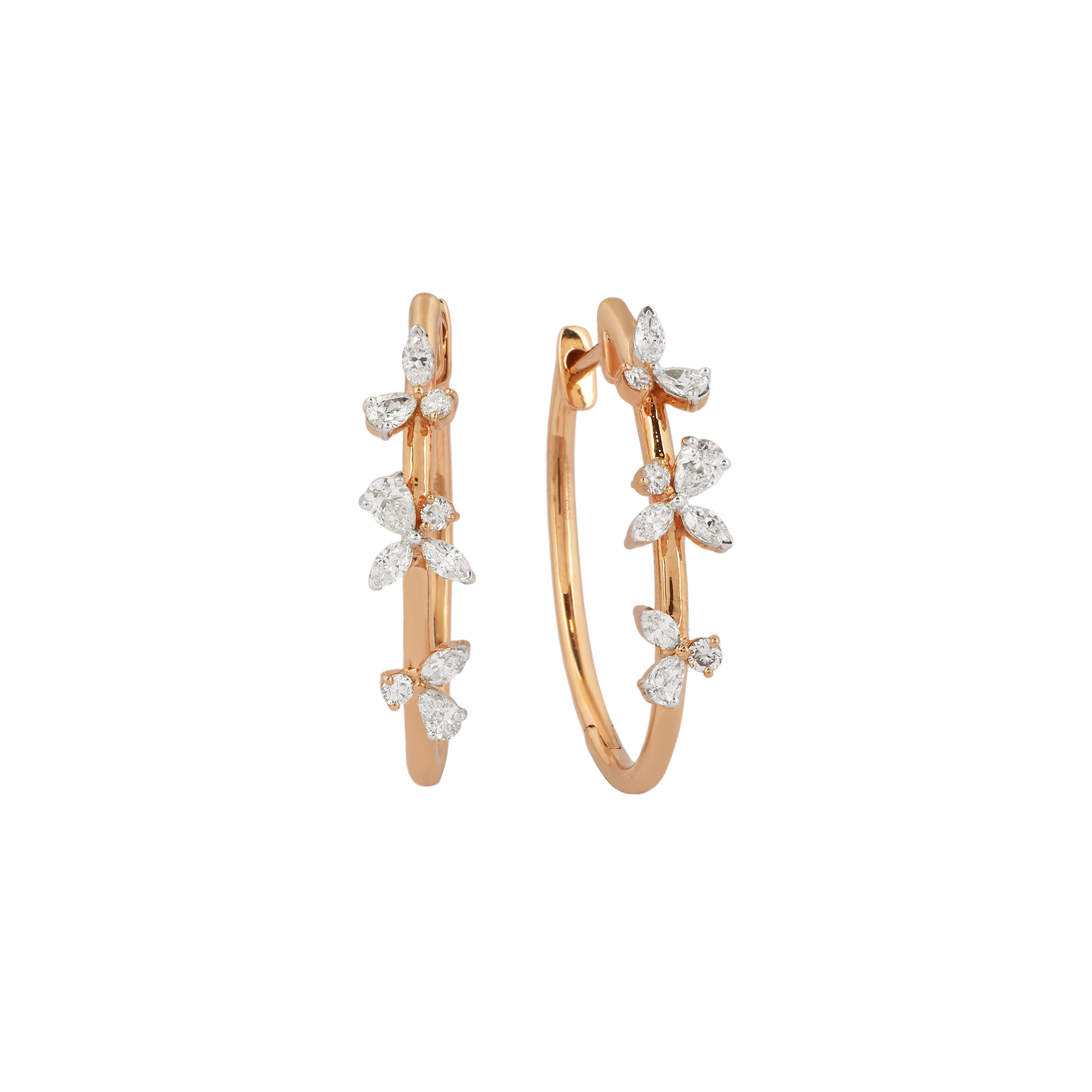 Earring in 18kt rose gold with marquise, pear and brilliant round diamonds.