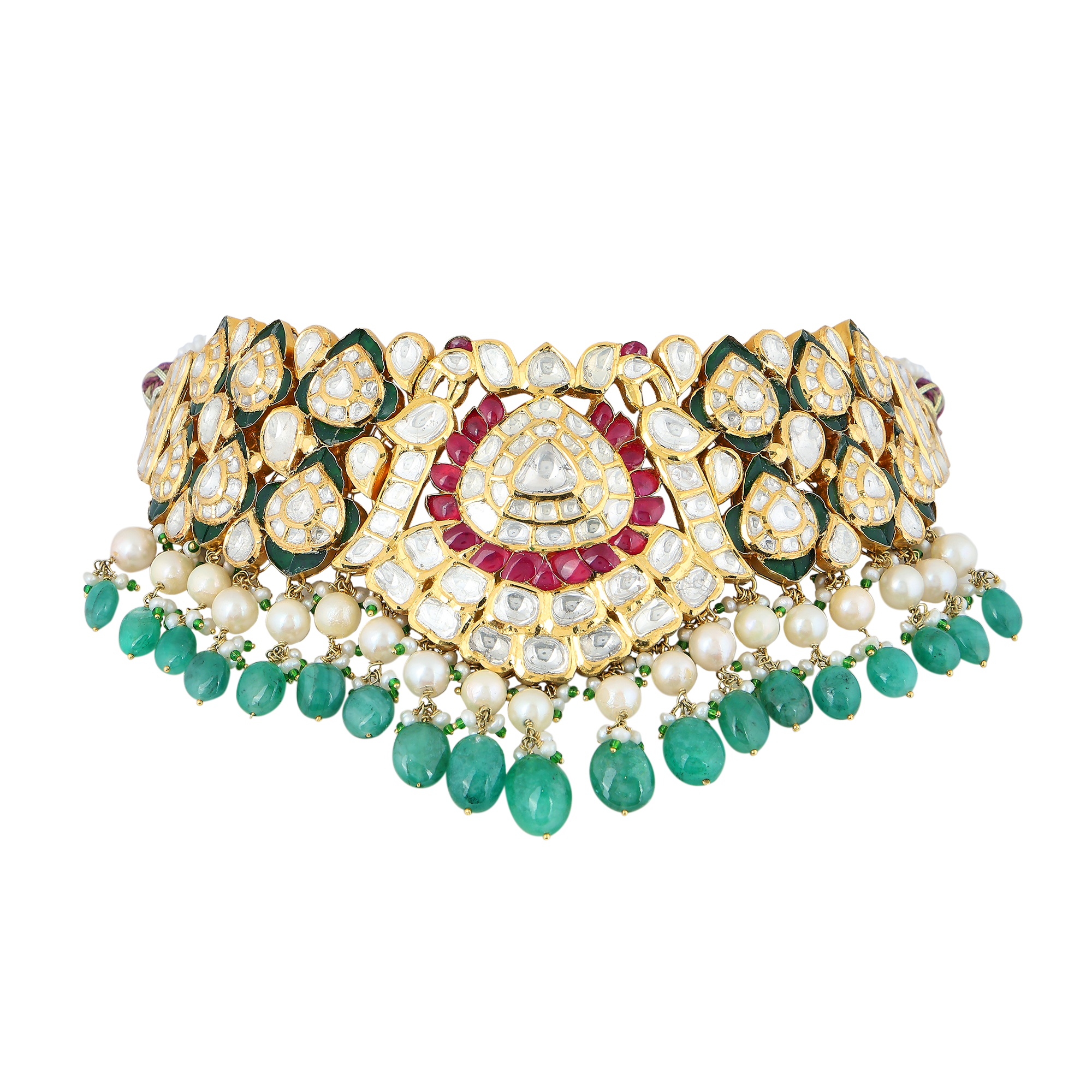 Necklace set in 18kt yellow gold with polki and brilliant round cut diamonds with a precious emerald and pearls.