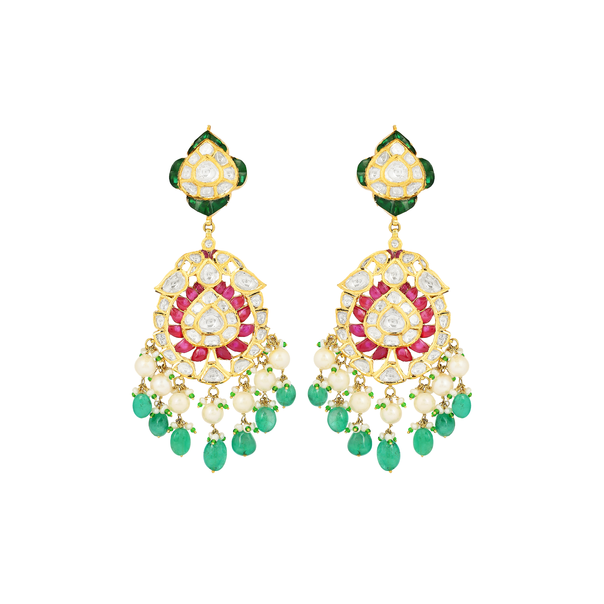Necklace set in 18kt yellow gold with polki and brilliant round cut diamonds with a precious emerald and pearls.