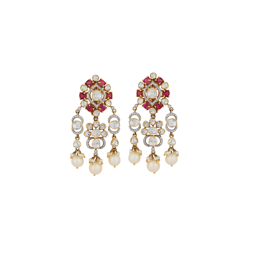 Necklace set in 14kt yellow gold polki and brilliant round diamonds with tourmaline and pearls