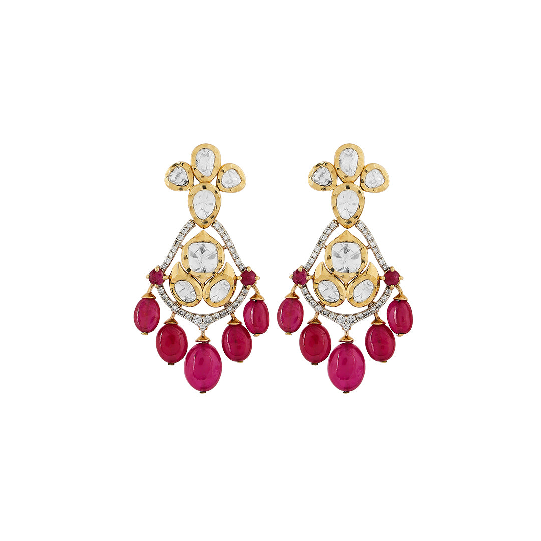 Necklace set in 14kt yellow gold polki and brilliant round diamonds with precious ruby