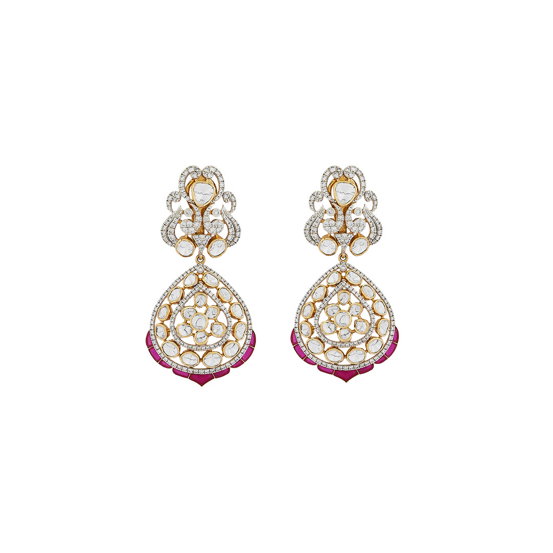 Necklace set in 14kt yellow gold polki and brilliant round diamonds with precious emerald and semi precious ruby