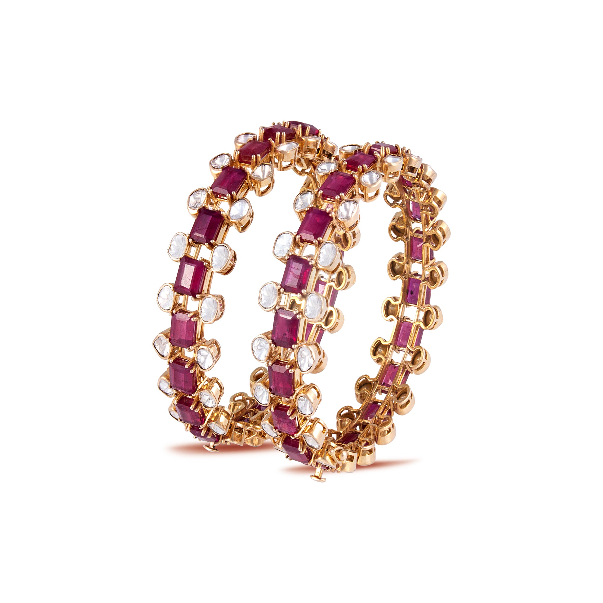 Polki diamond bangles in 14 kt gold with precious ruby