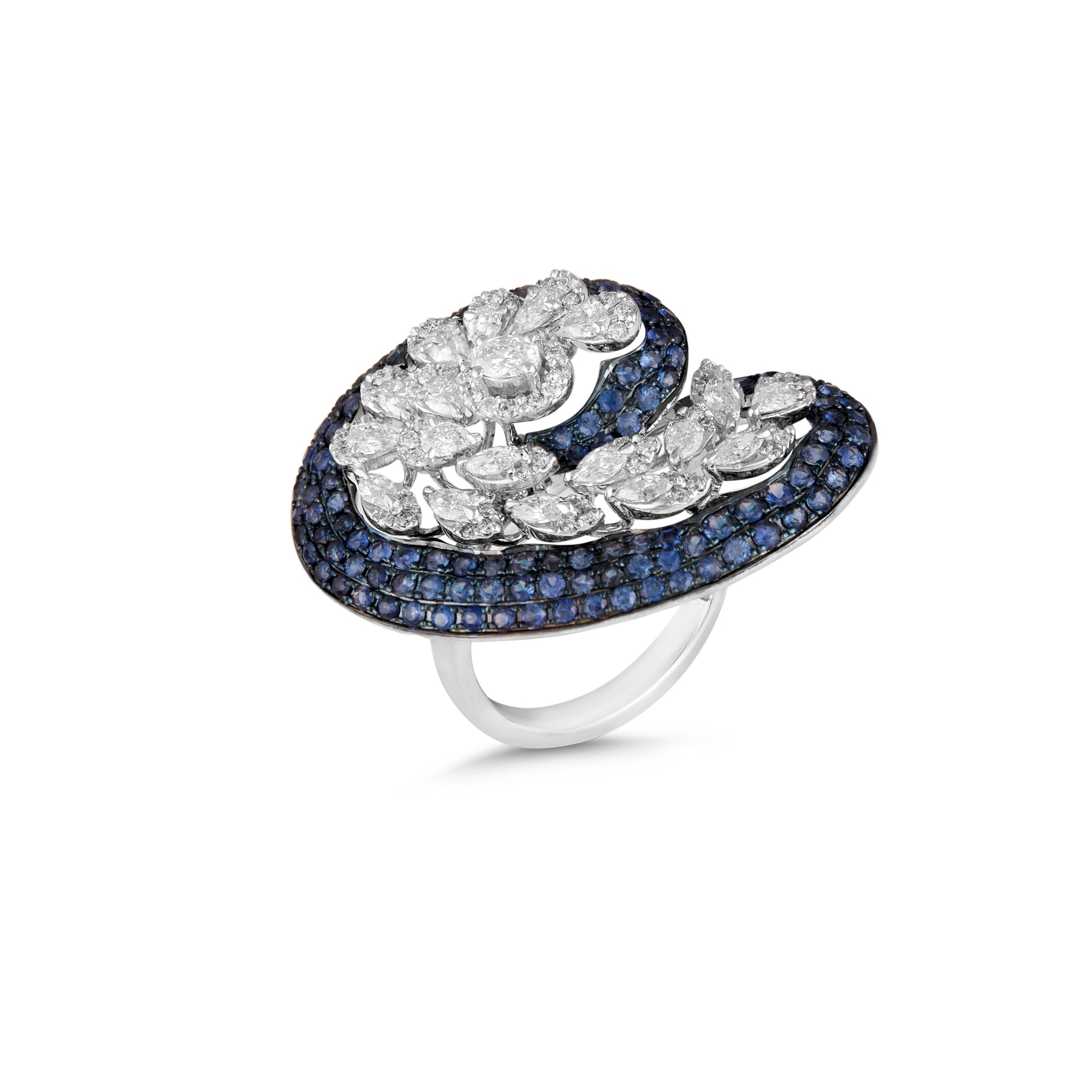 Ring In 18Kt White Gold With Round Brilliant, Marquise, Pear & Oval Cut Diamonds Studded With Precious Blue Sapphires