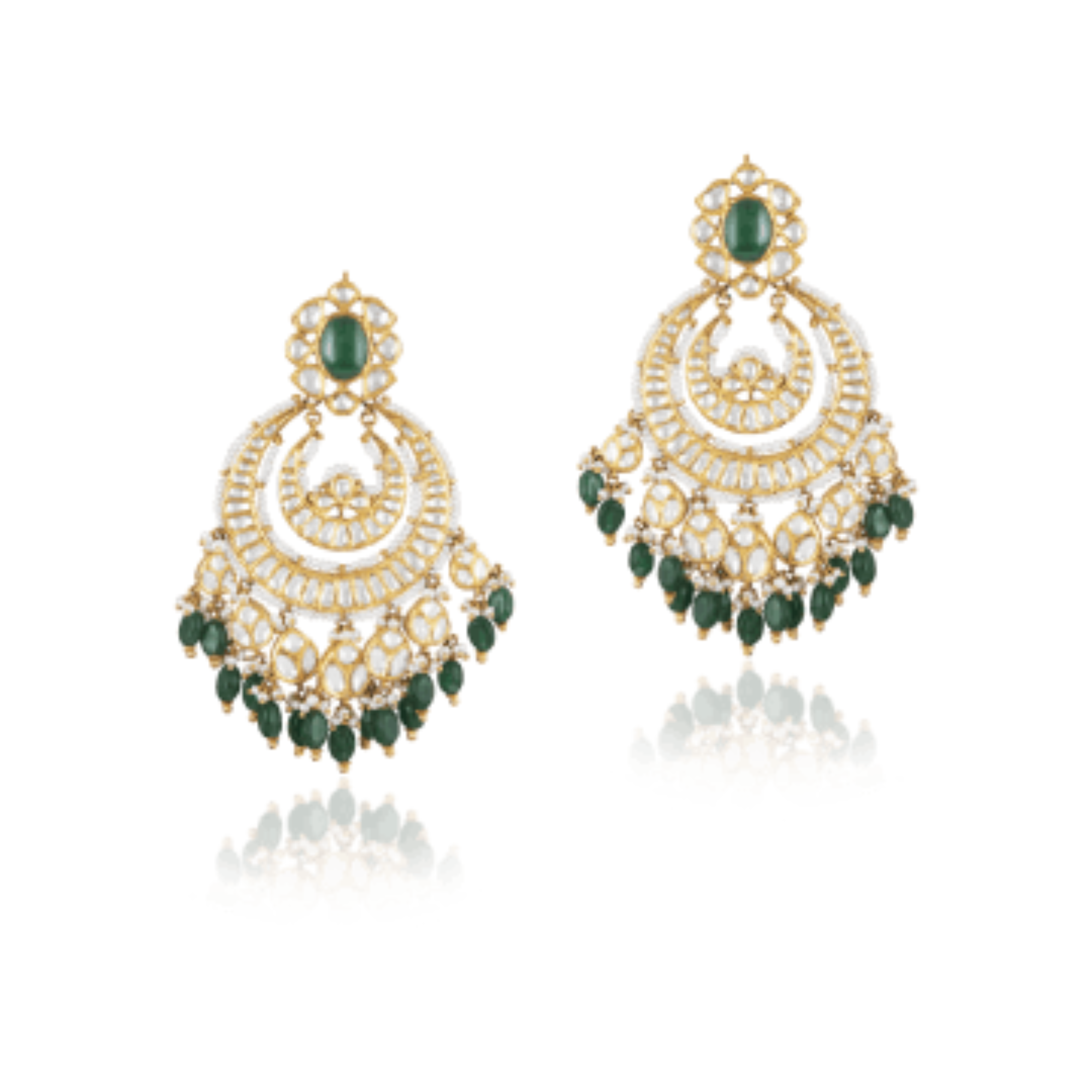 Kundan Earrings in 22kt gold with green semi-precious gemstones & pearls