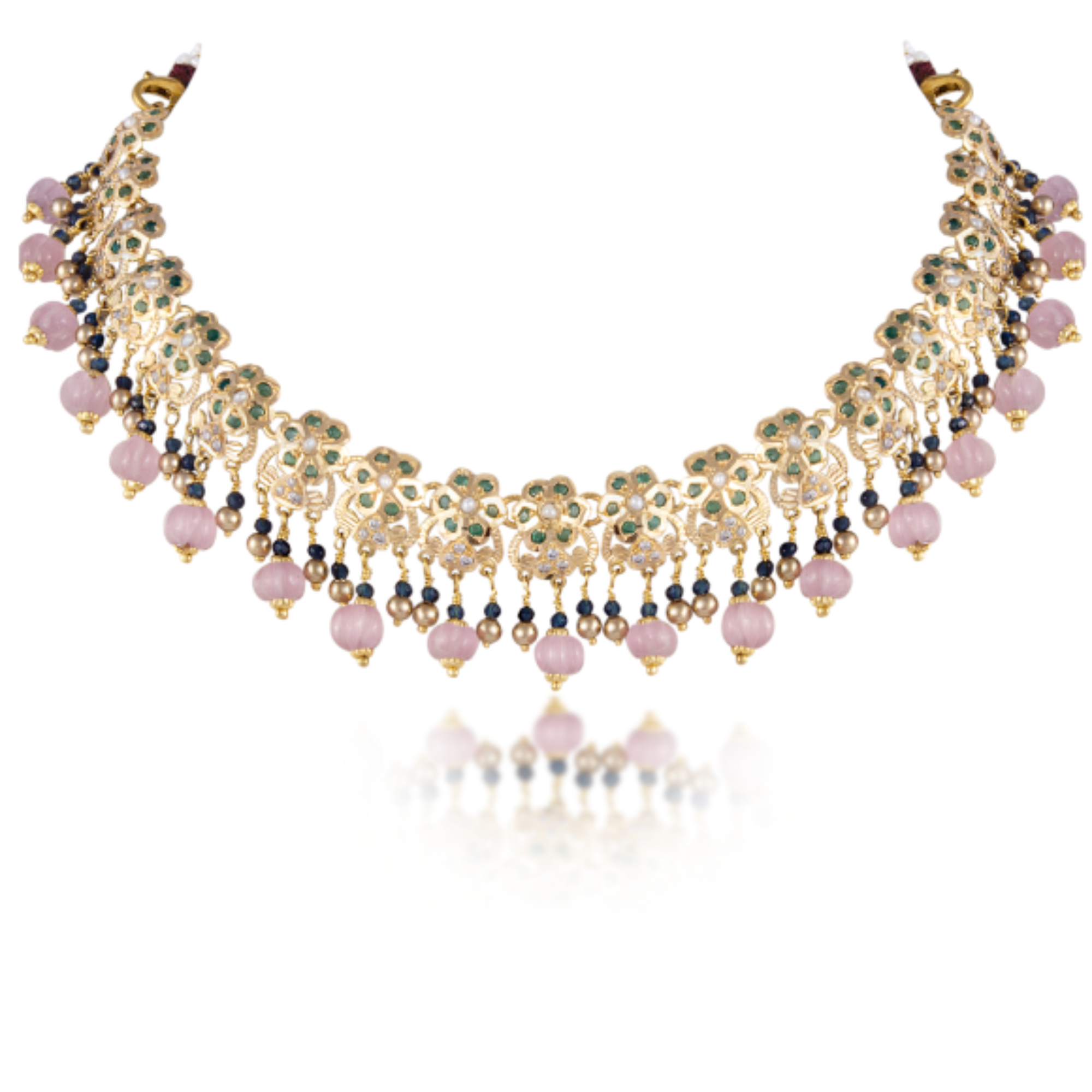 Jodhpuri Jadau Necklace in 22kt gold with Semi Precious Pink Stone.
