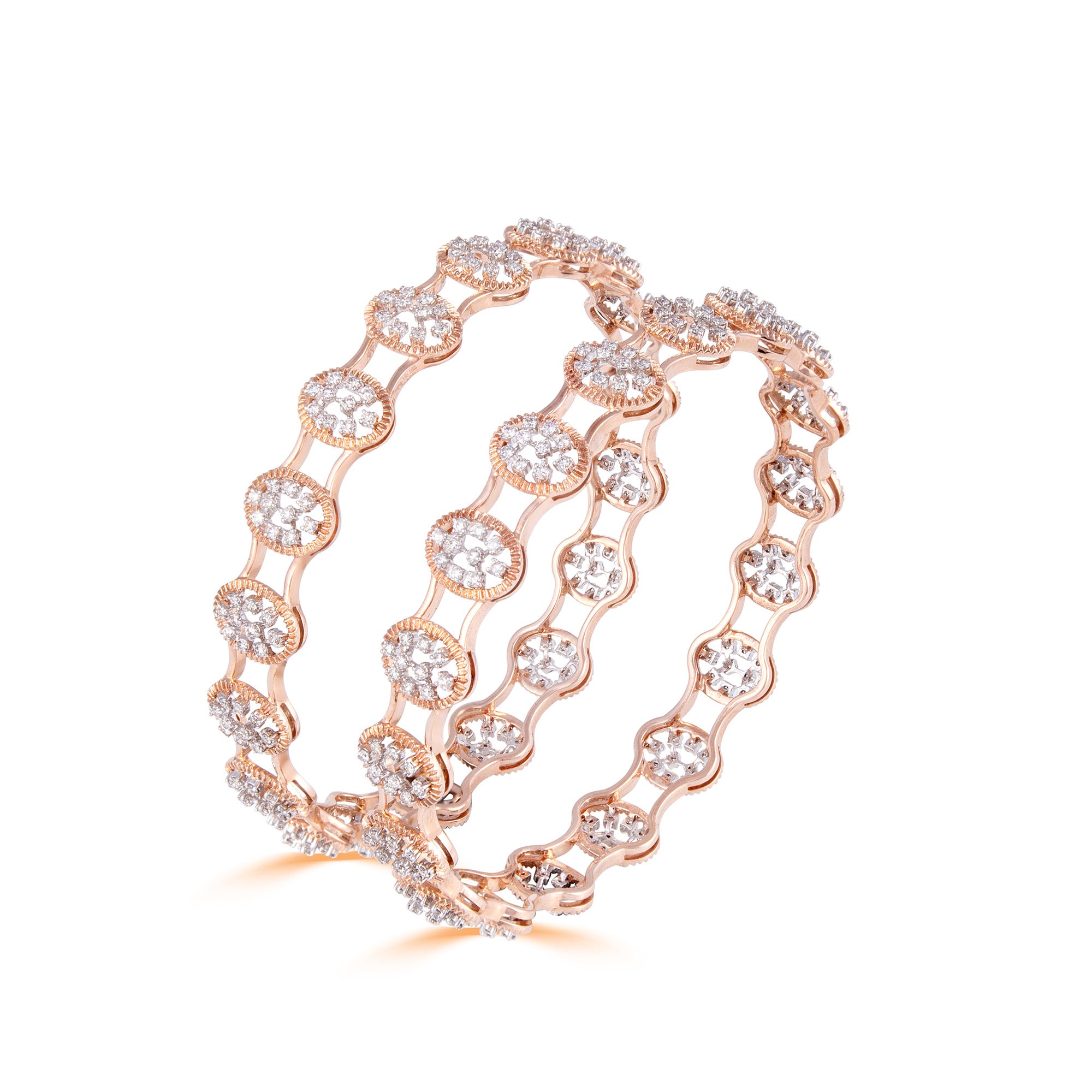 14 kt Rose Gold Diamond Bangles with Round Brilliant Diamonds.