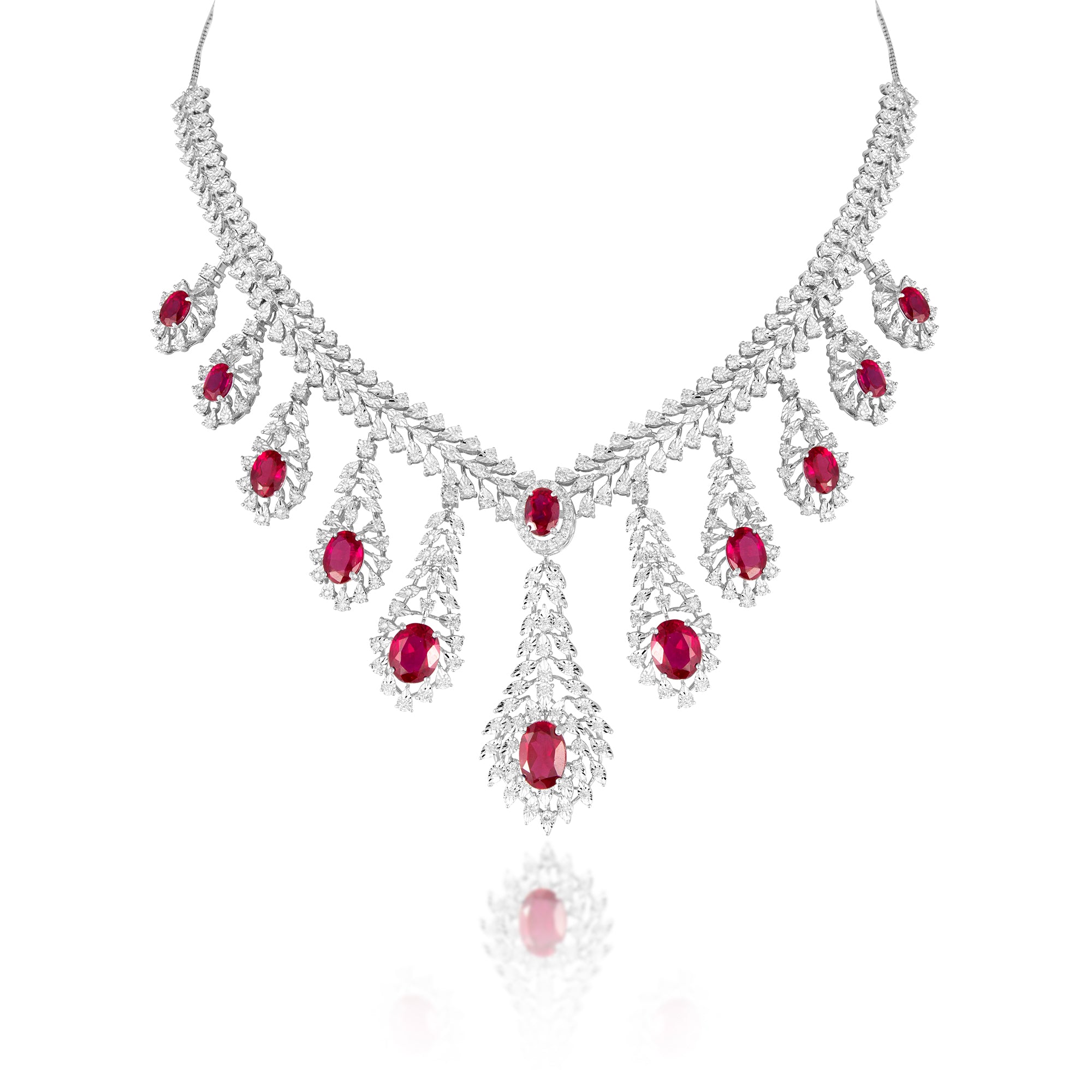 14 kt Diamond Necklace Set with Round Brilliant & Semi Precious Red Gemstones
