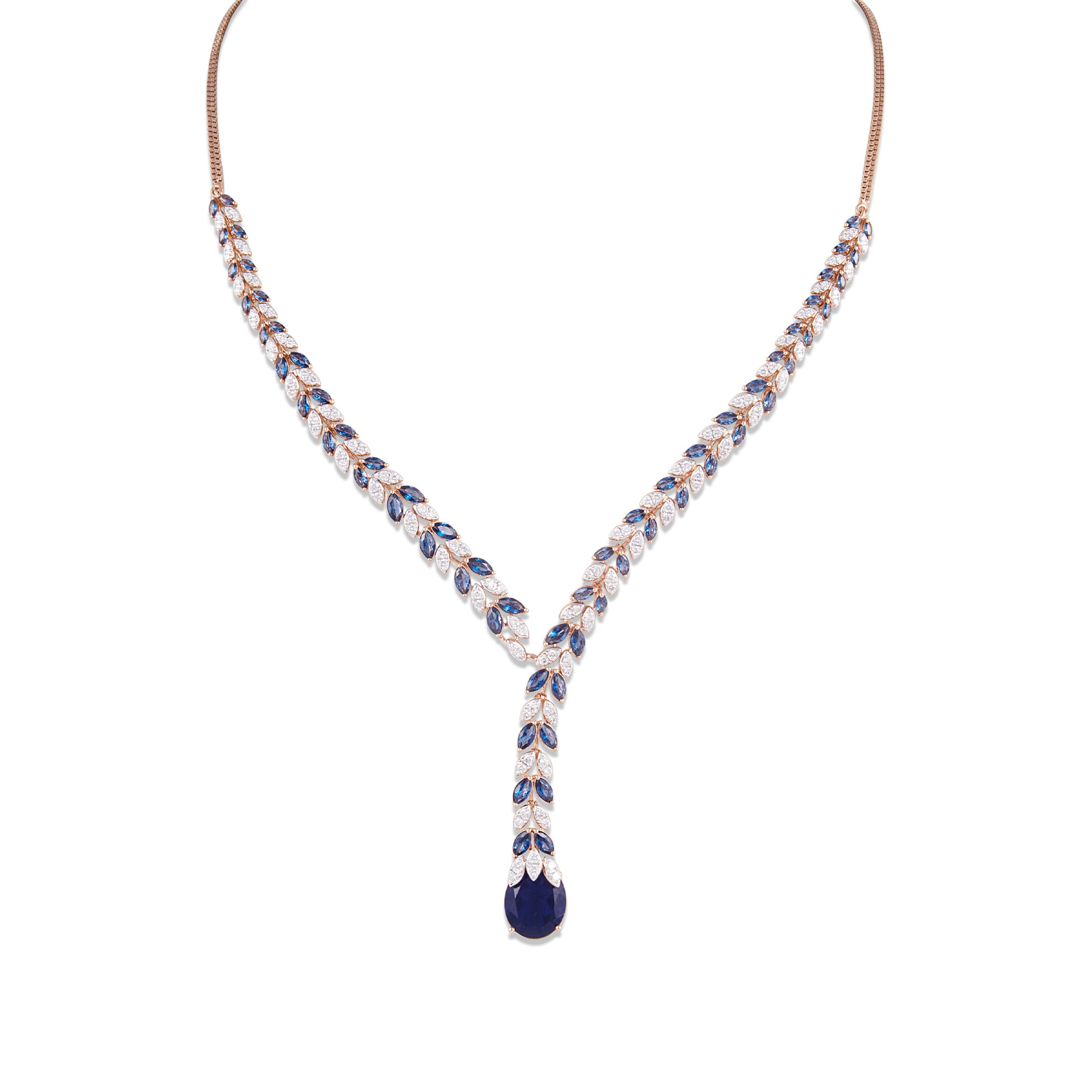 14 kt Rose Gold Diamond Necklace with Round Brilliant Diamonds & Semi Precious Blue Gemstones