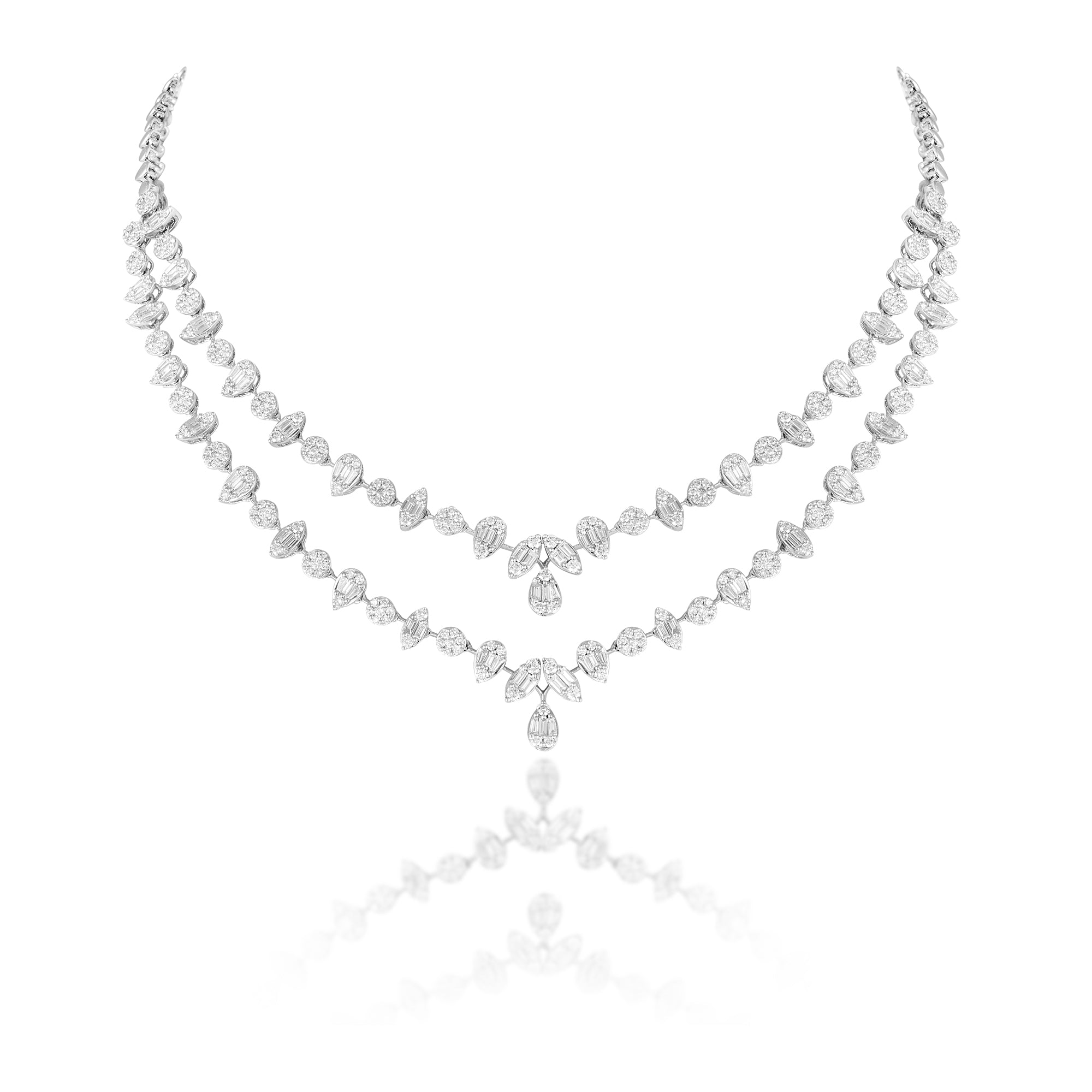14 kt White Gold Diamond Necklace Set with Round Brilliant, & Baguettes