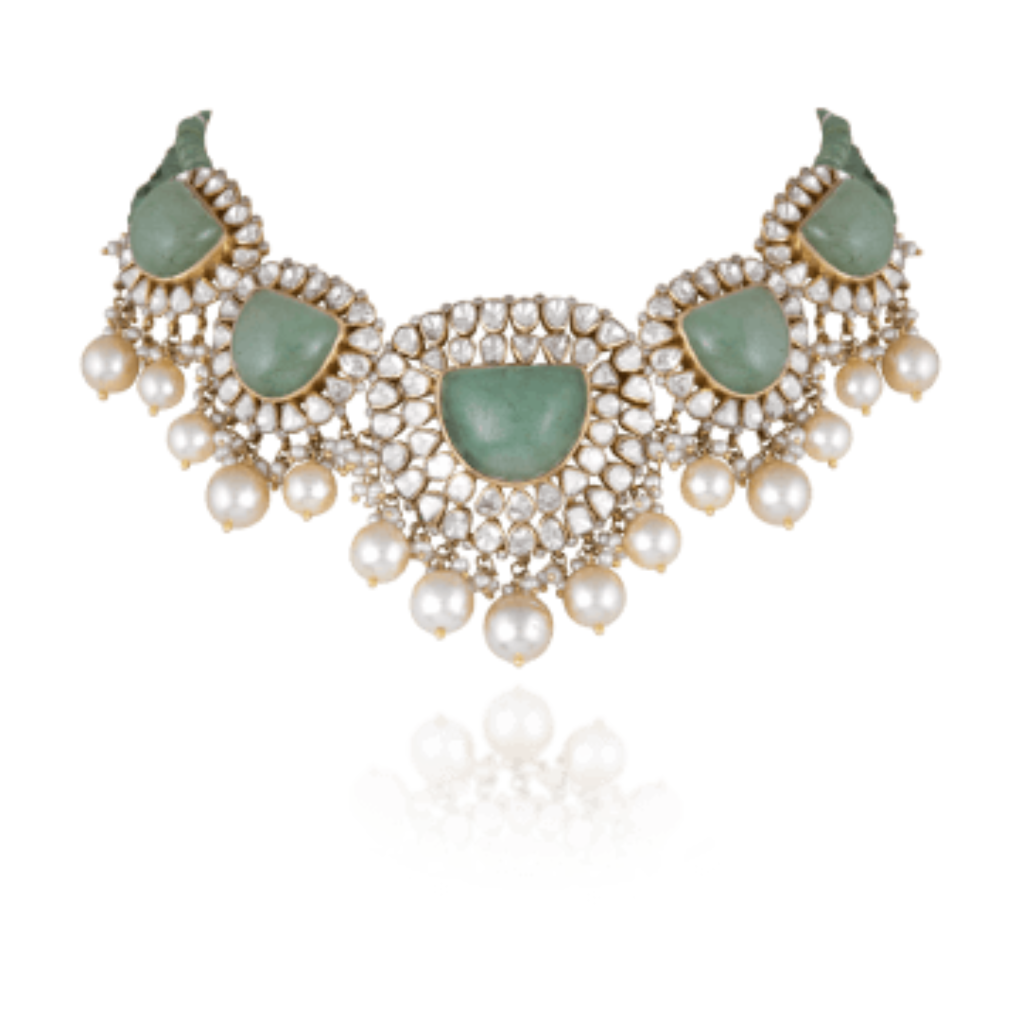 Polki diamond necklace in 18 kt gold with precious emeralds & south sea pearls