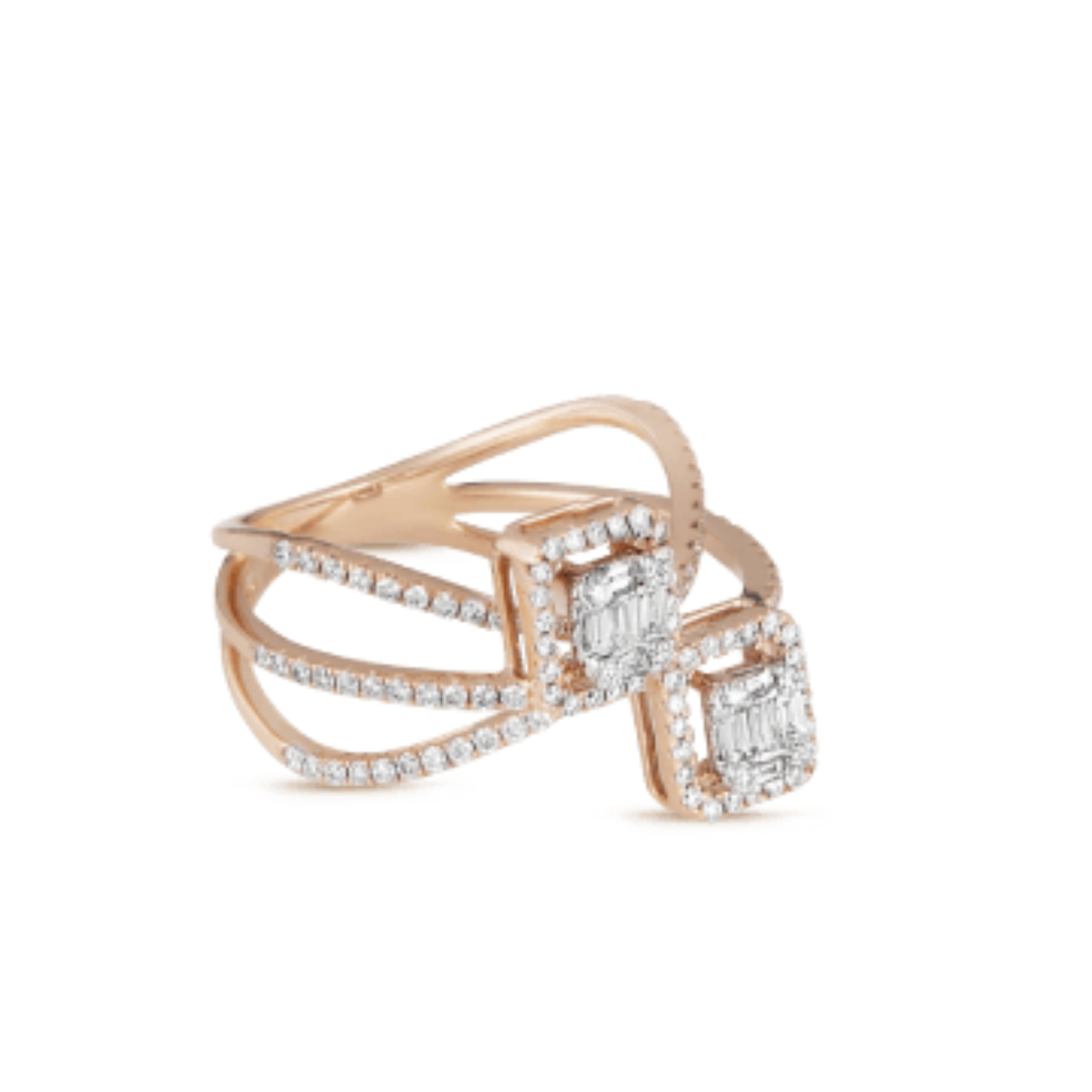 Ring in 18kt rose gold with Baguettes & Round Brilliant cut diamonds