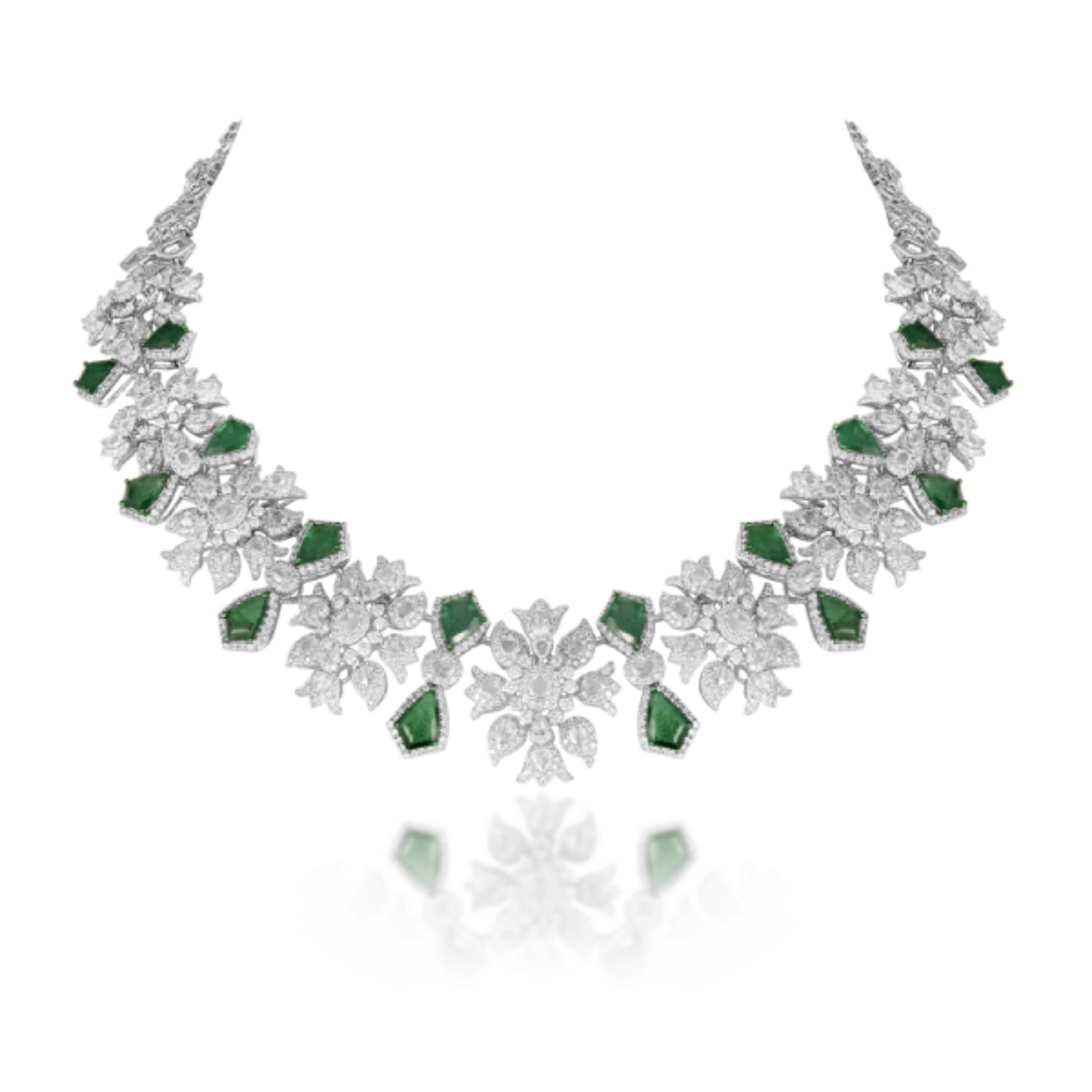 14 kt White Gold Diamond Necklace with Round Brilliant, Rose cut Diamonds with zambian emerald.