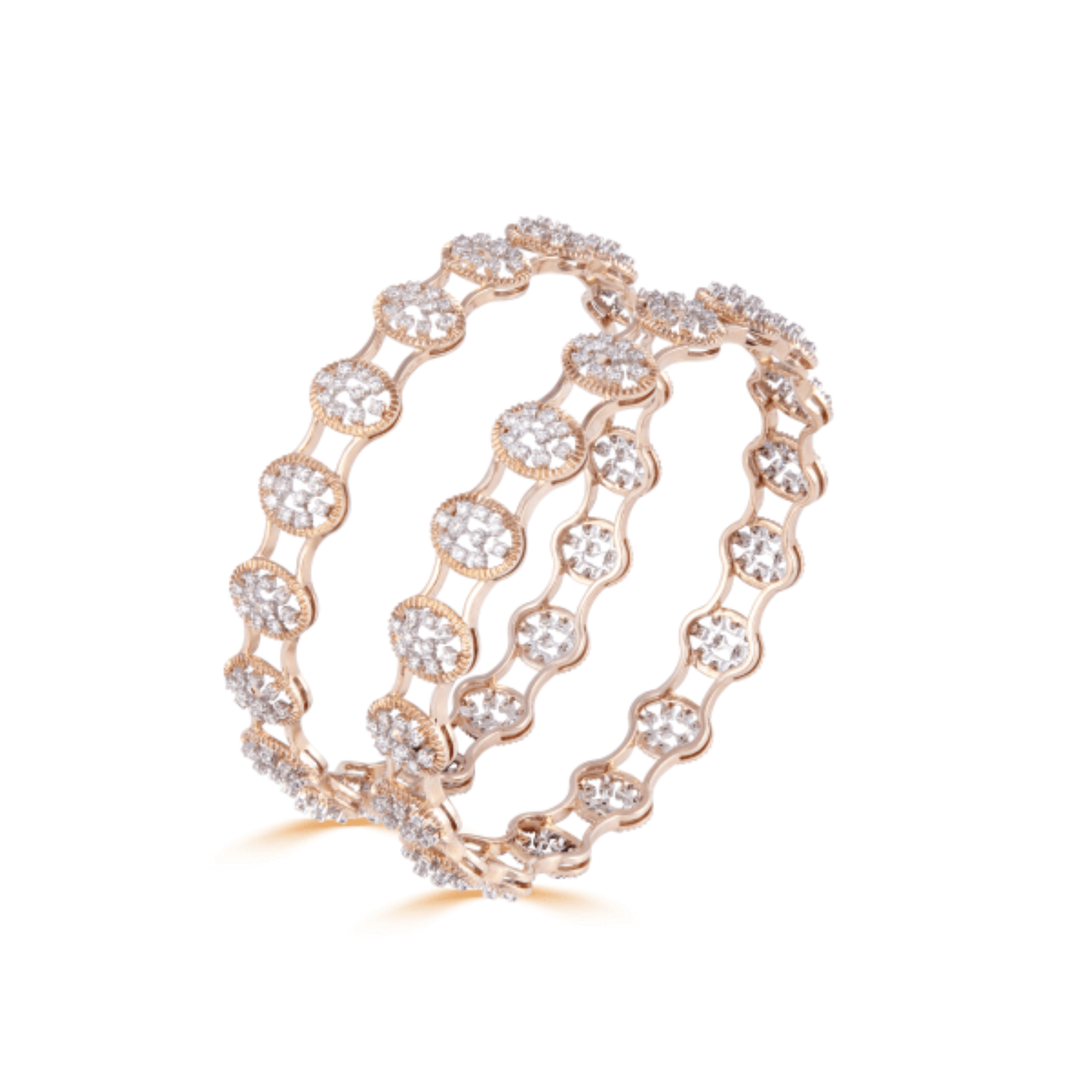 14 kt Rose Gold Diamond Bangles with Round Brilliant Diamonds.