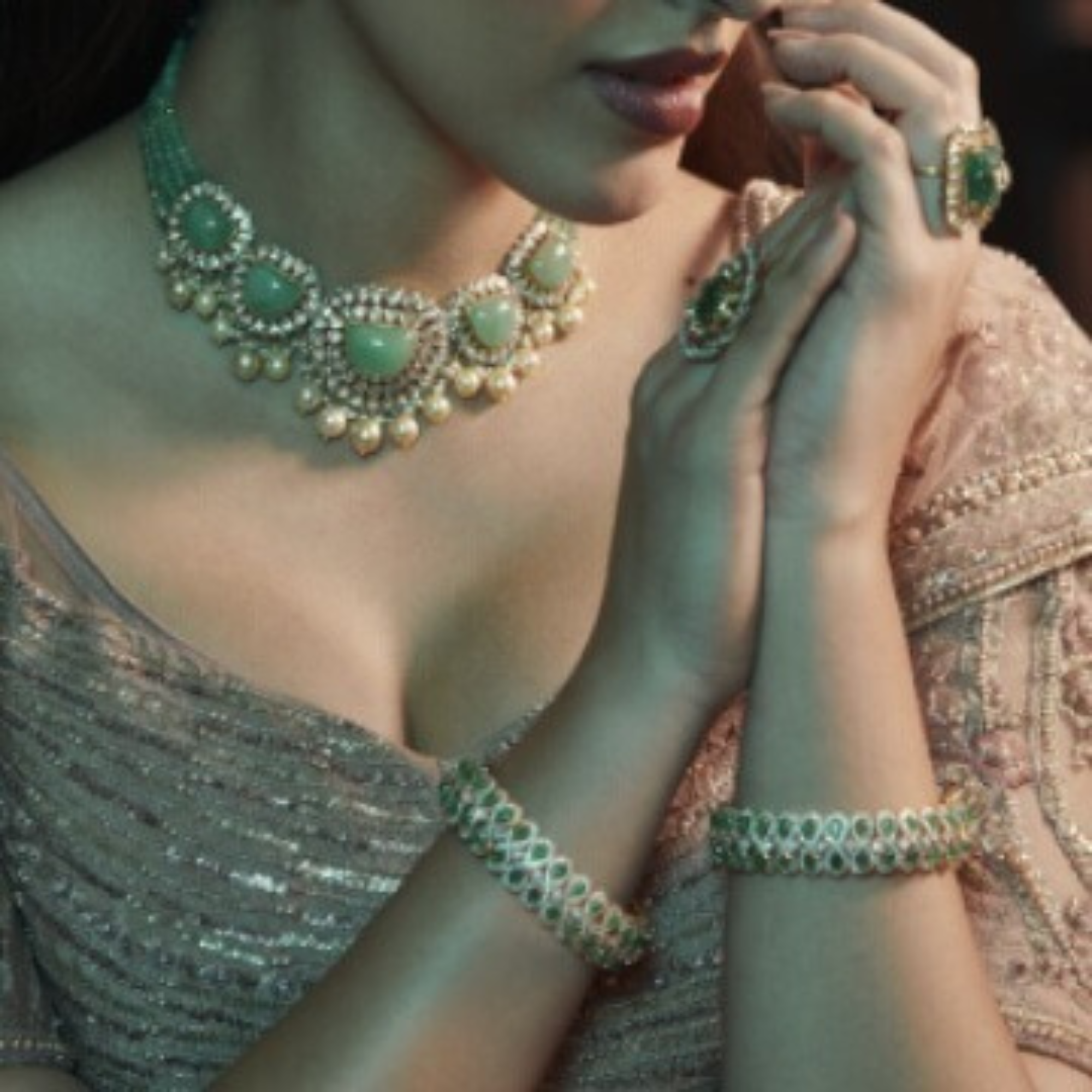 Polki diamond necklace set in 18 kt gold with precious emeralds & south sea pearls