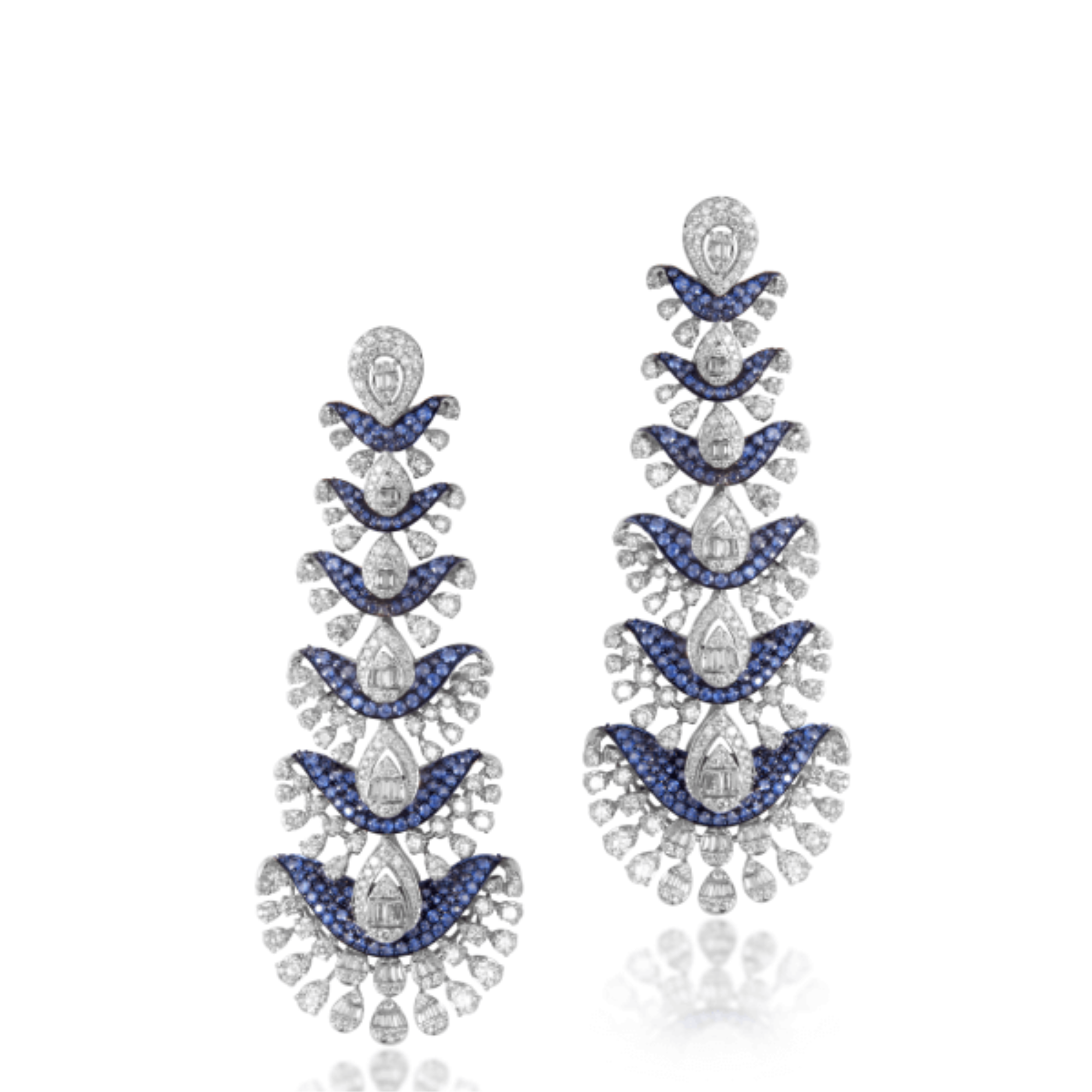 14 kt White Gold Diamond Earrings with Round Brilliant, Baguettes And Blue Sapphire Gemstone.