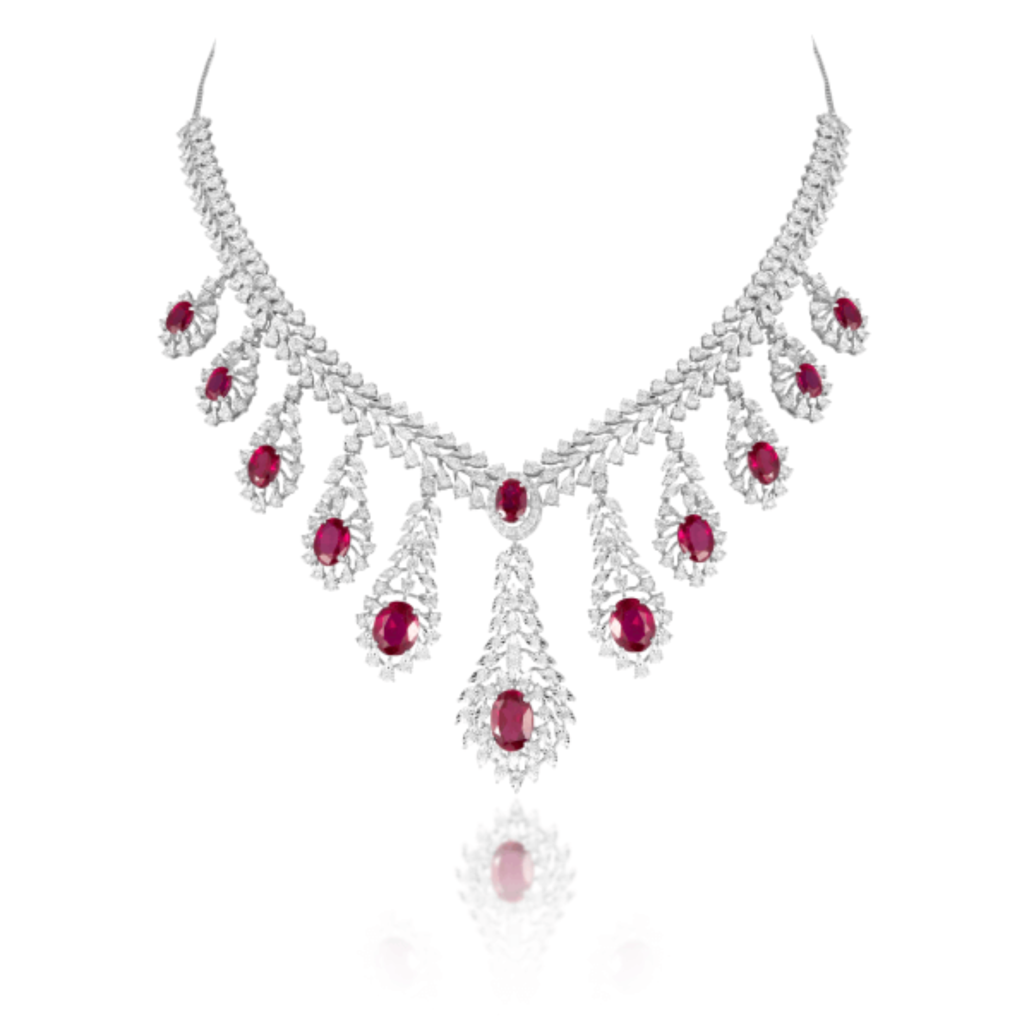 14 kt Diamond Necklace Set with Round Brilliant & Semi Precious Red Gemstones