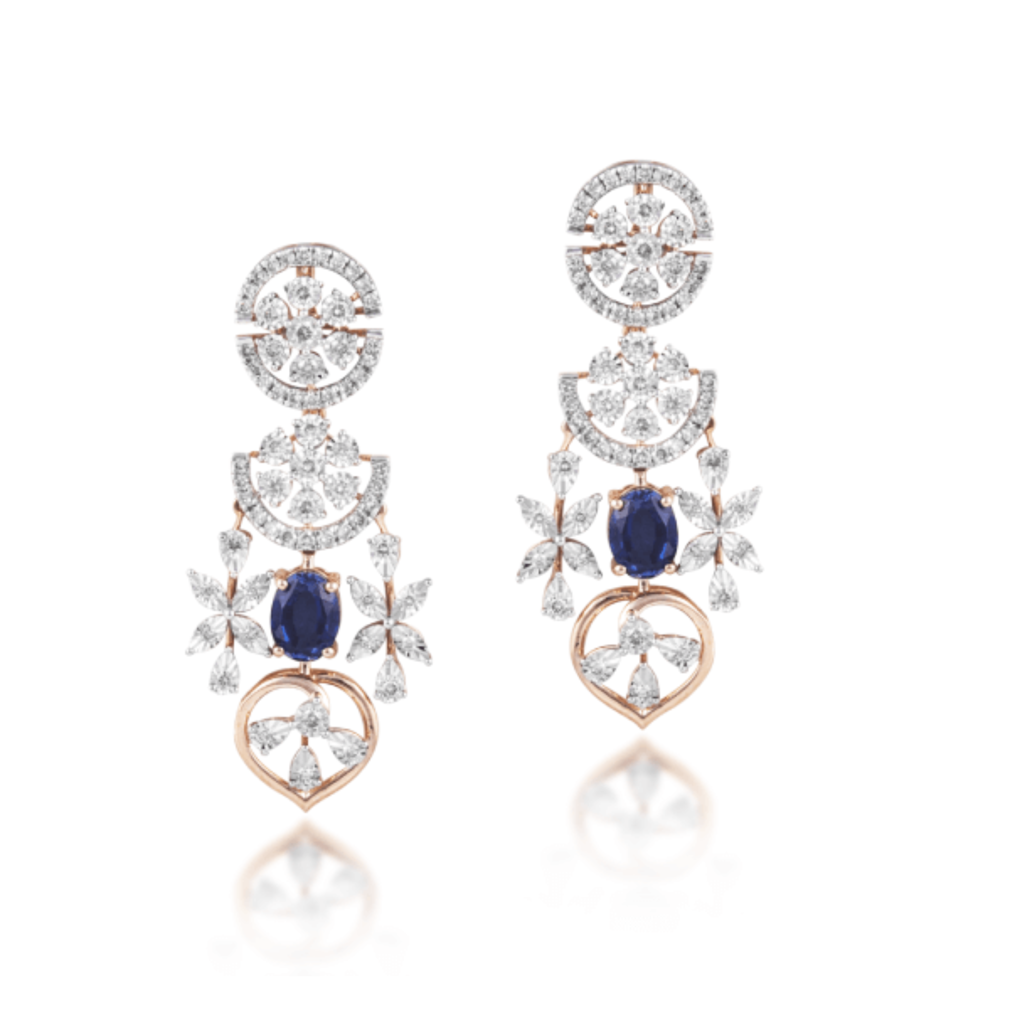 14 kt Rose Gold Diamond Earrings with Round Brilliant Diamonds & Semi Precious Blue Gemstones