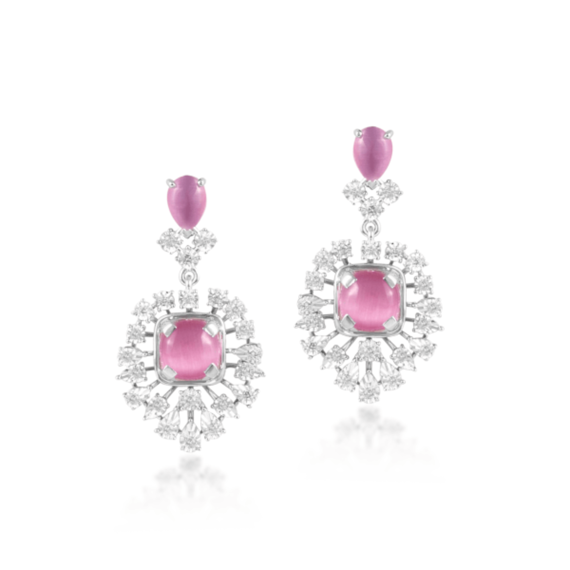 14 kt White Gold Diamond Earring with Round Brilliant Diamonds & Semi Precious Pink Gemstones