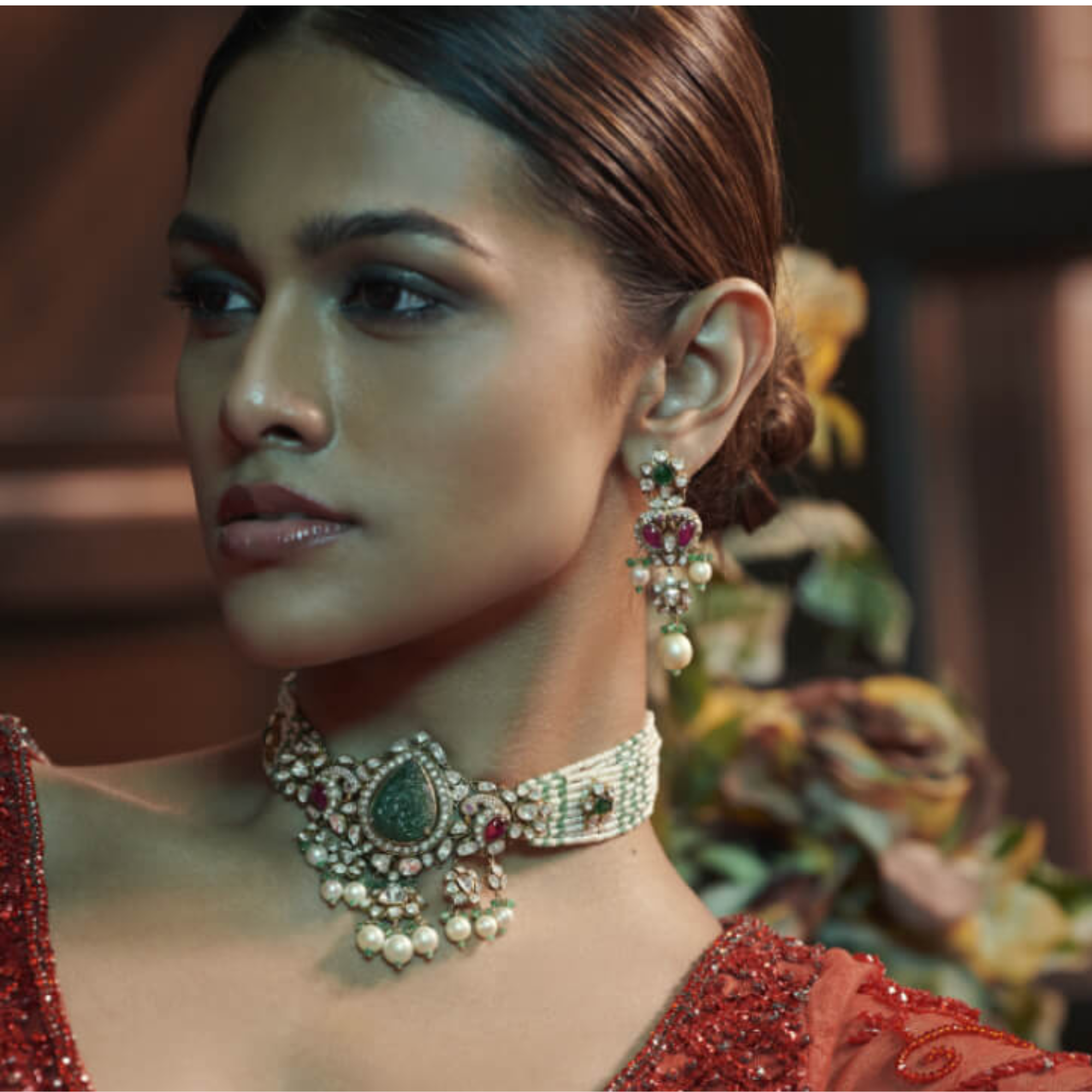 Polki diamond necklace set in 18 kt gold with semi-precious gemstones & pearls