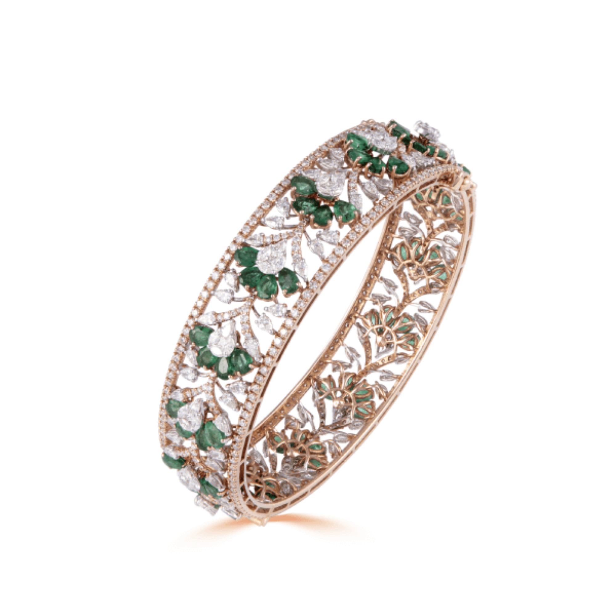 Bangle in 14kt rose gold with Princess, Pear, Marquise & Round Brilliant cut diamonds & Precious Emerald.