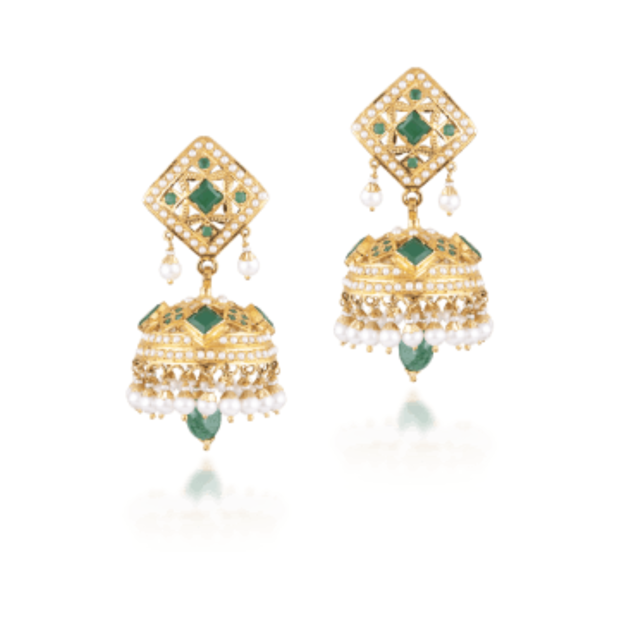 Jhumki in 22kt gold with pearls & semi precious green gemstone