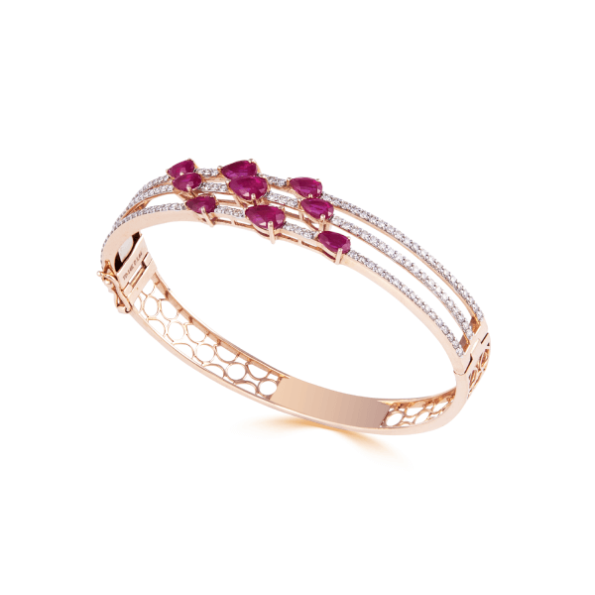Bracelet in 14kt rose gold with Round Brilliant cut diamonds & Semi precious Red Stones.