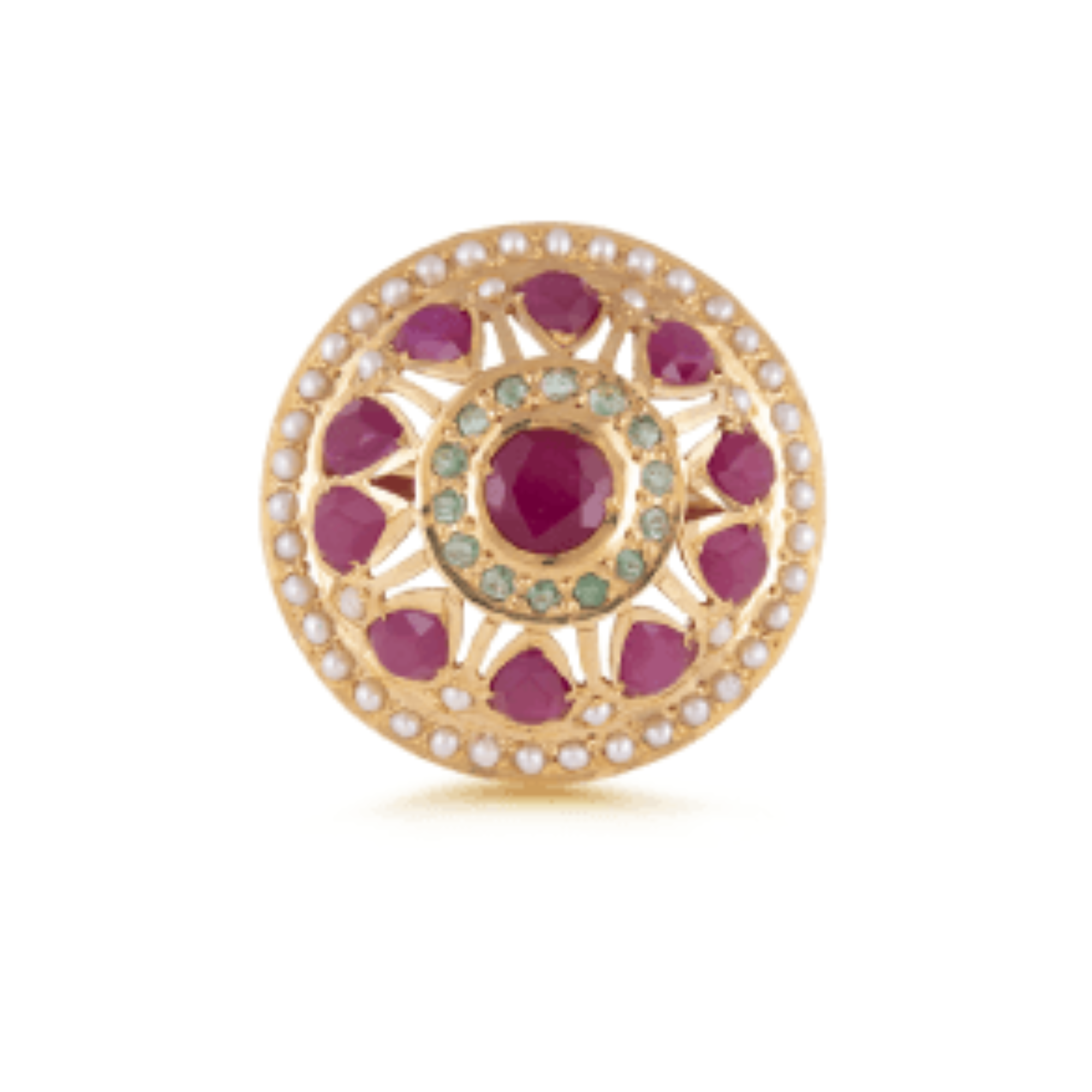 Ring in 22kt gold with red & green semi-precious gemstone & pearls