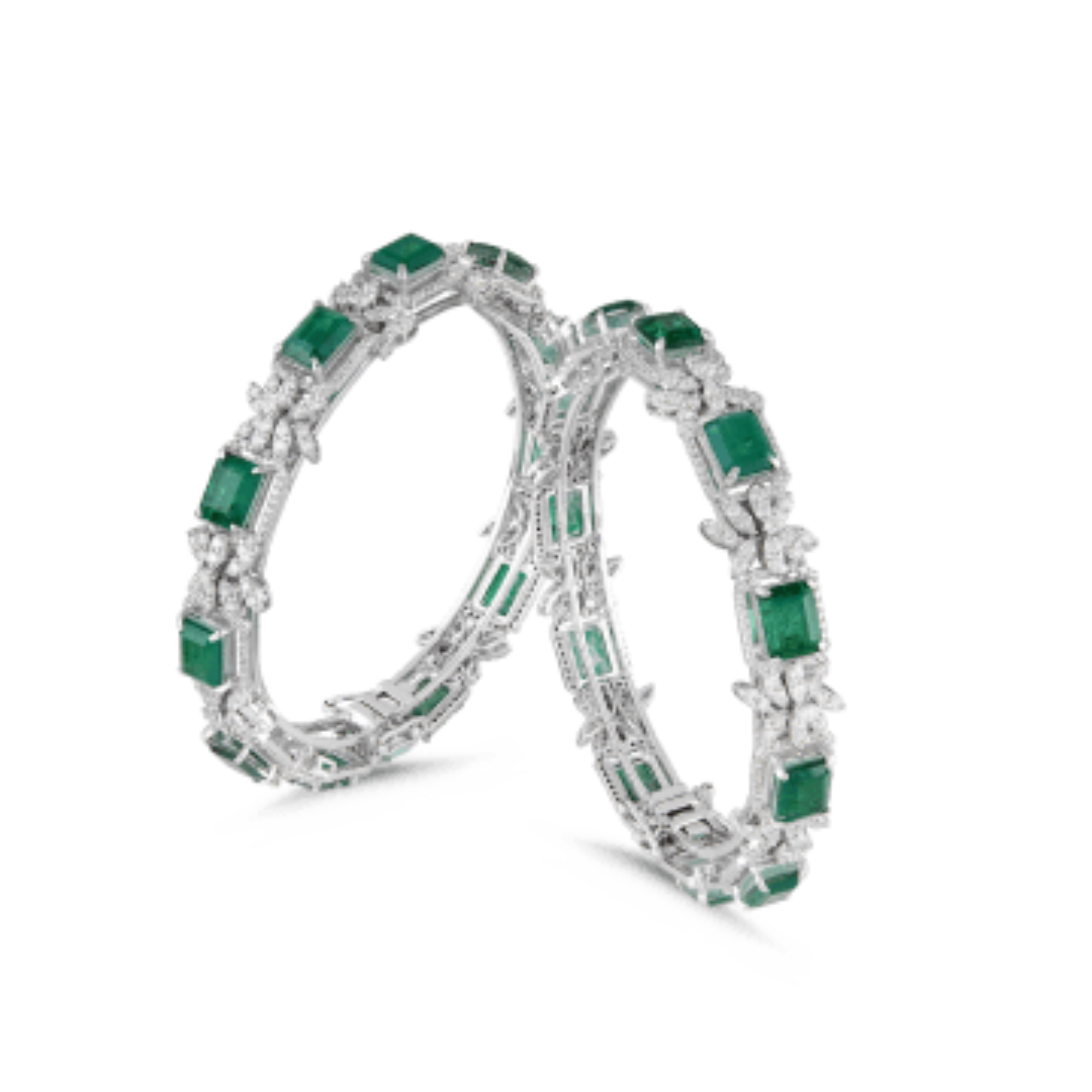 Bangles in 14kt white gold with Round brilliant cut diamonds studded with semi-precious green gemstones