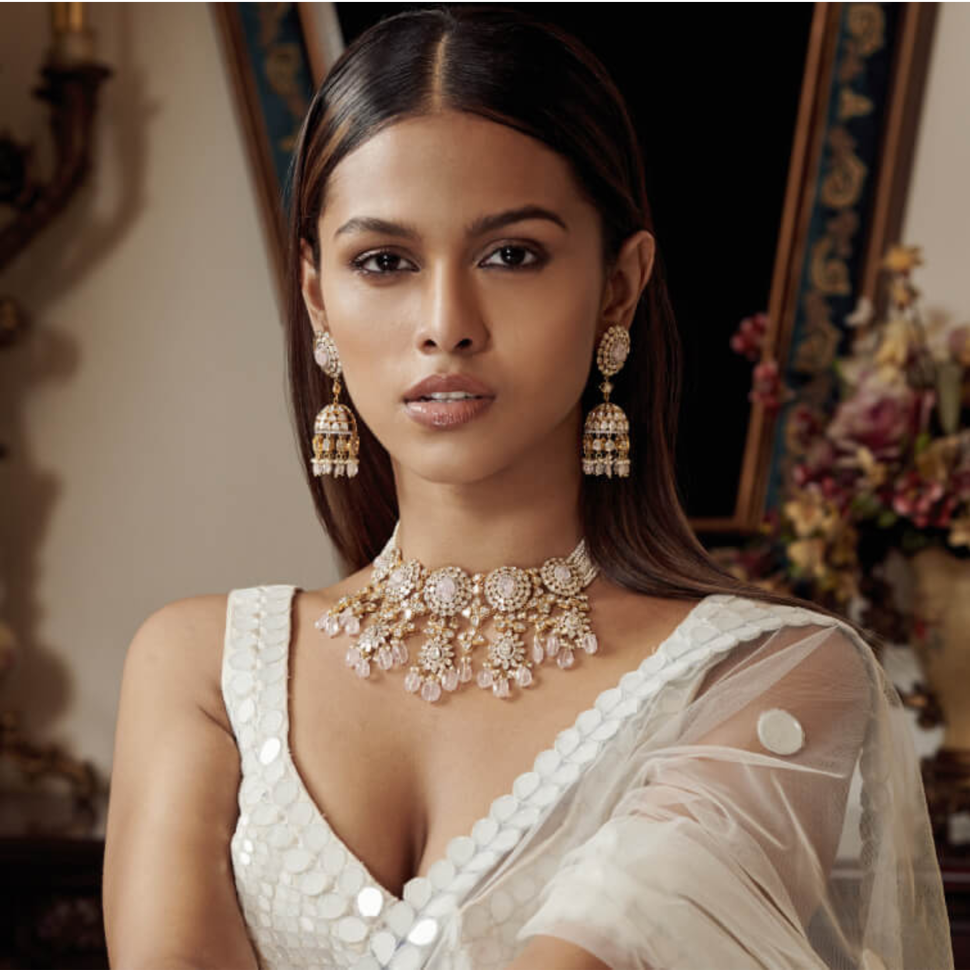 Polki diamond necklace set in 18kt gold with pink morganite & pearls