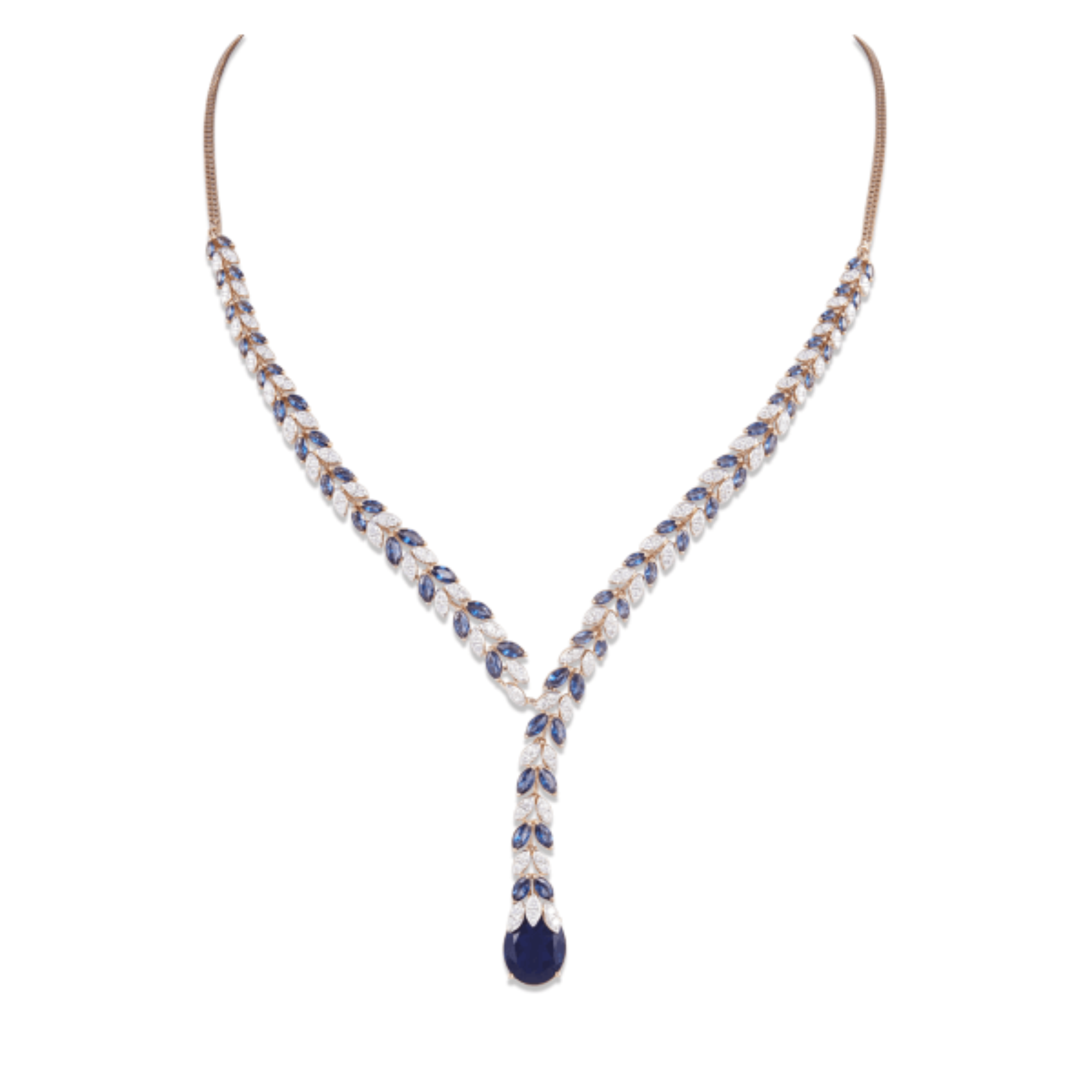 14 kt Rose Gold Diamond Necklace with Round Brilliant Diamonds & Semi Precious Blue Gemstones