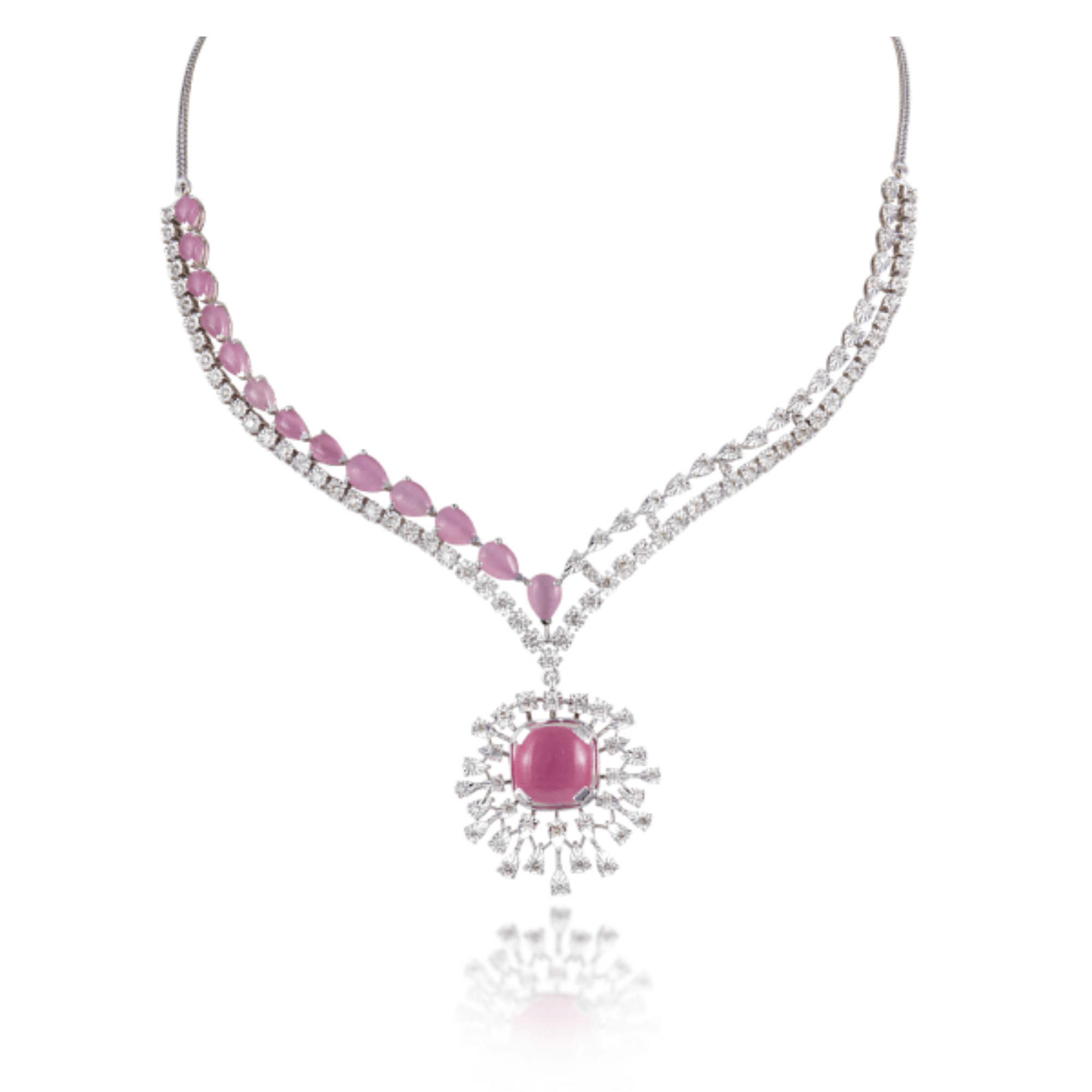 14 kt White Gold Diamond Necklace Set with Round Brilliant Diamonds & Semi Precious Pink Gemstones
