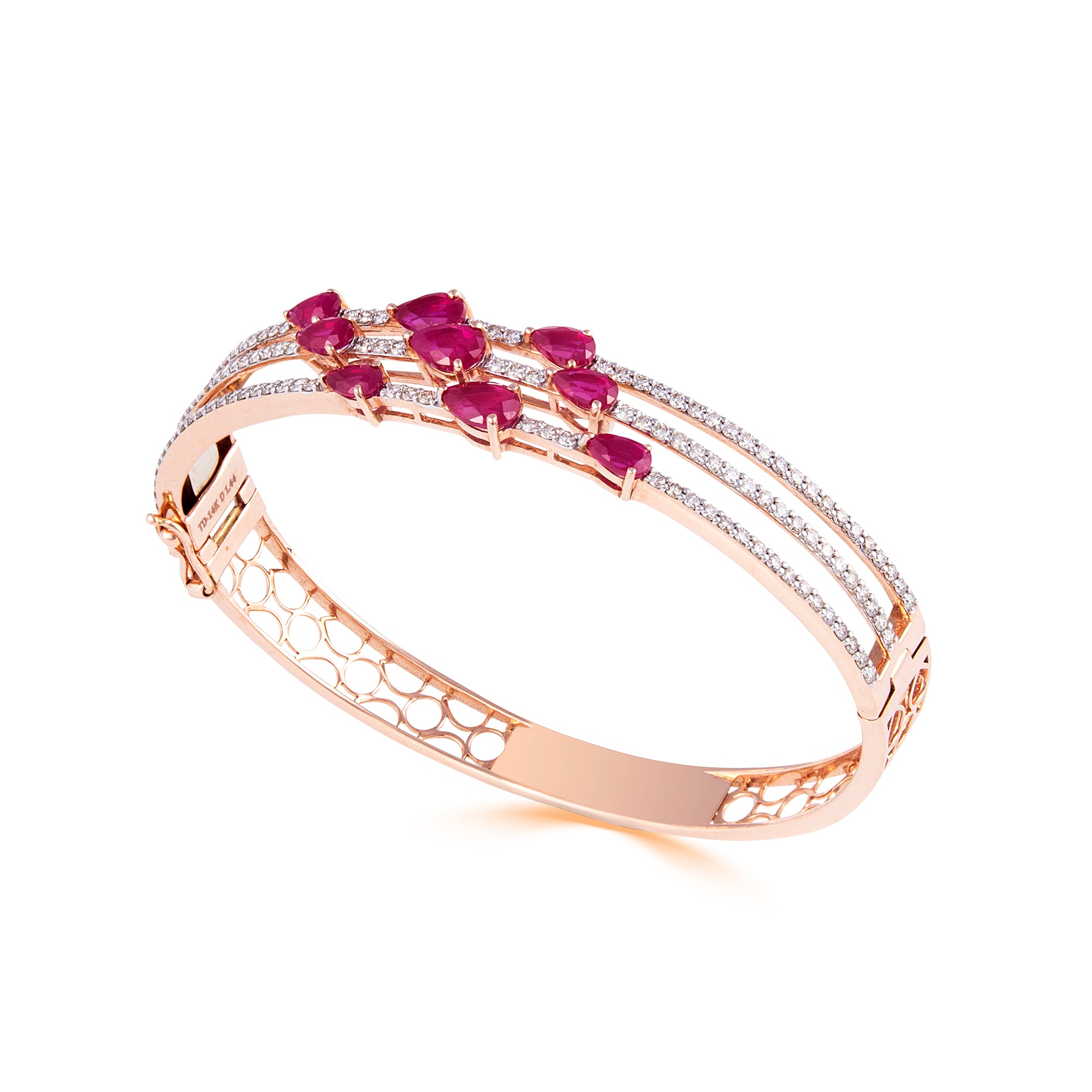 Bracelet in 14kt rose gold with Round Brilliant cut diamonds & Semi precious Red Stones.