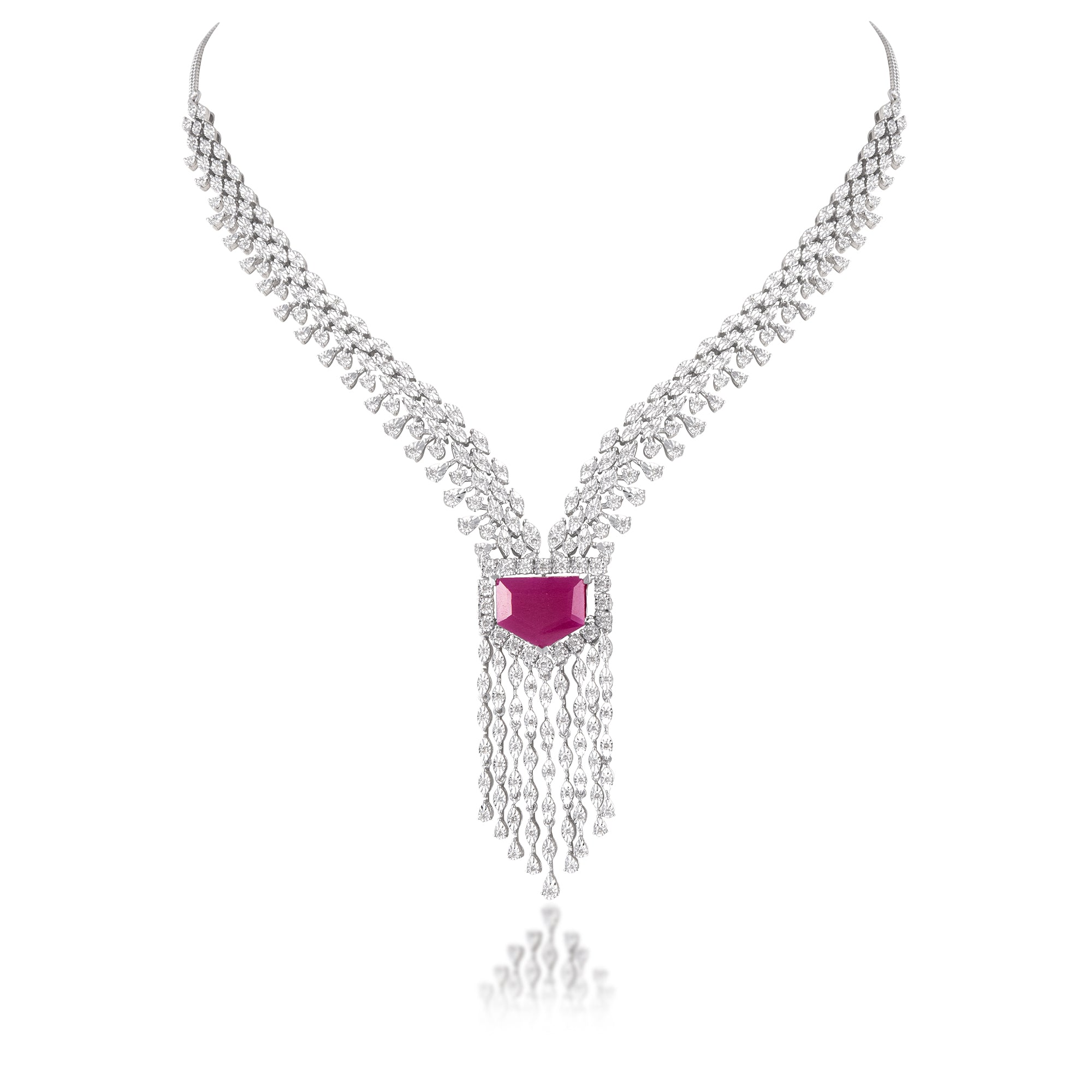 14 kt White Gold Diamond Necklace Set with Round Brilliant Diamonds & Semi Precious Red Gemstones
