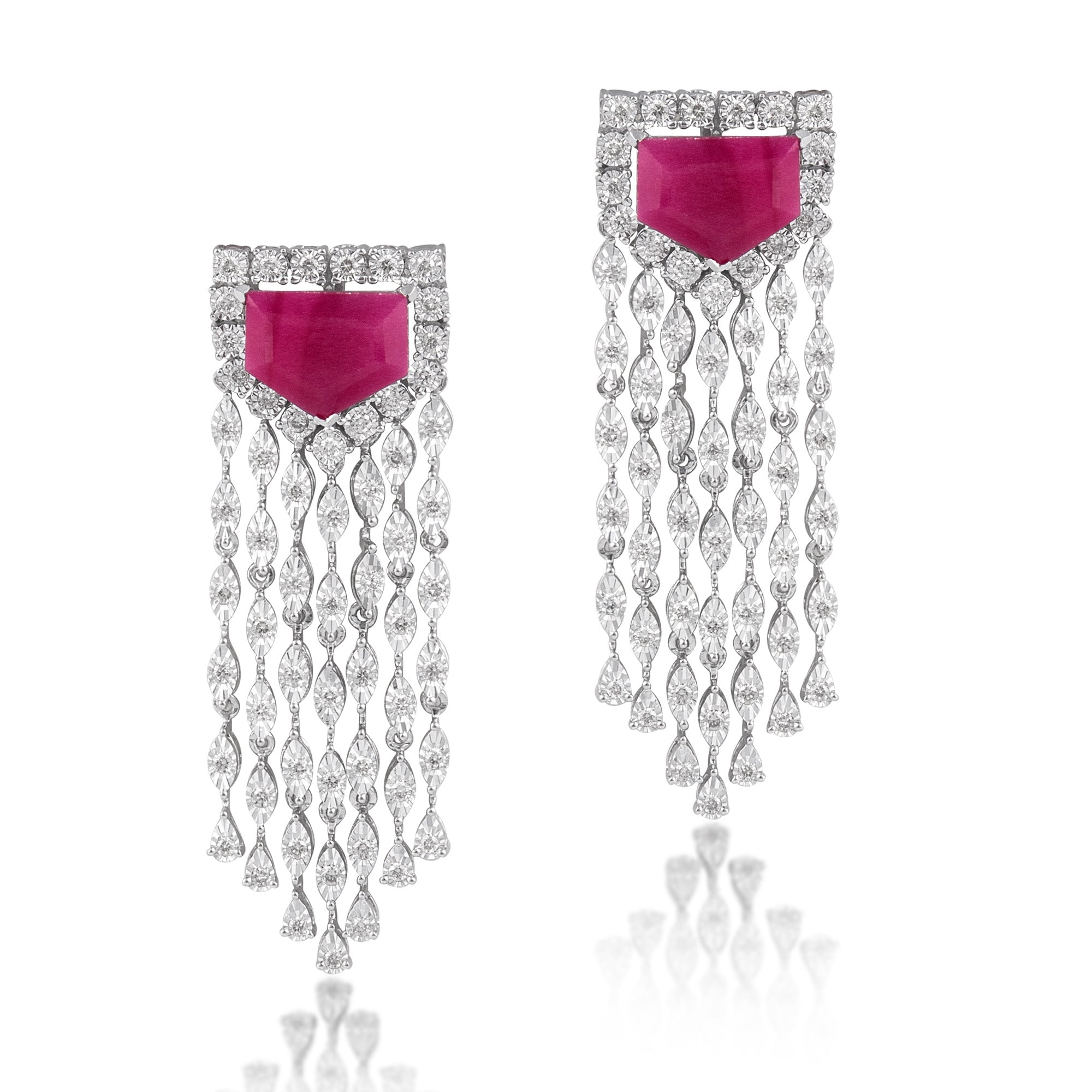 14 kt White Gold Diamond Earring with Round Brilliant Diamonds & Semi Precious Red Gemstones
