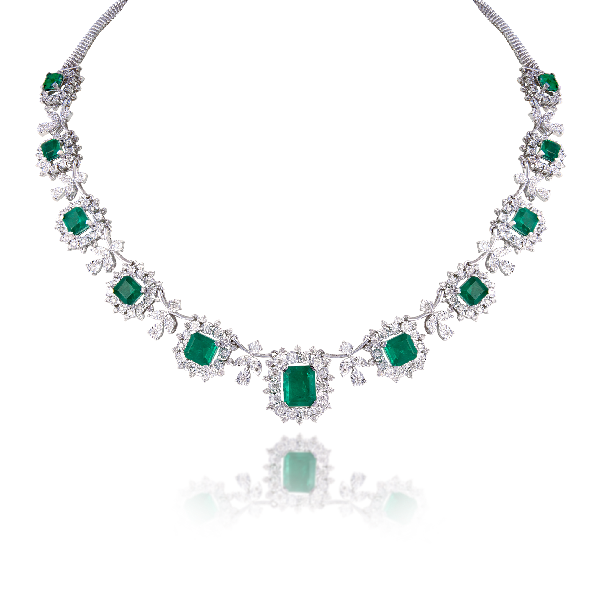 14kt White Gold Diamond Necklace Set with Round Brilliant Diamonds & Semi Precious Green Gemstones
